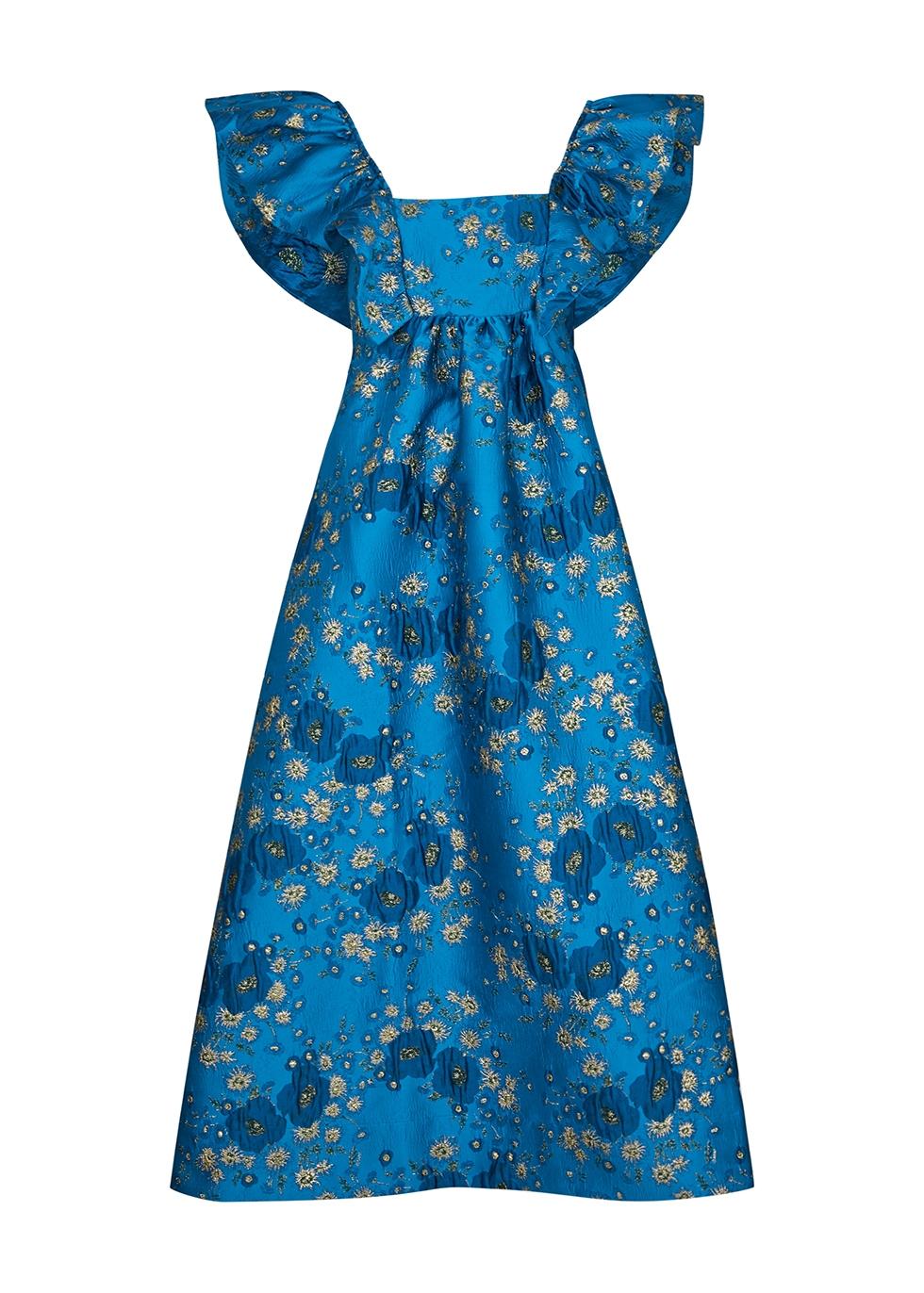 Ganni 3D Jacquard Floral-Print Midi Dress in Blue | Lyst