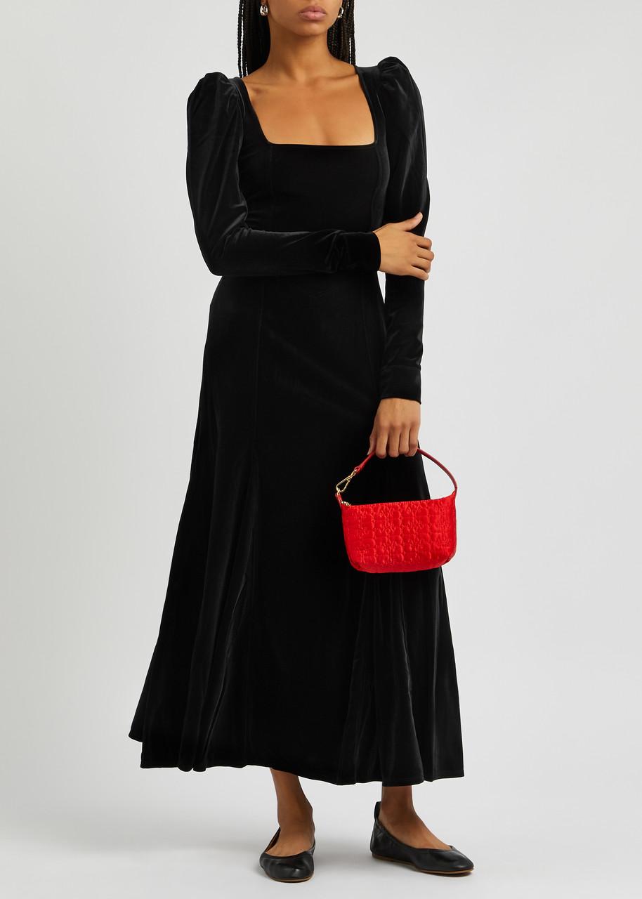 ganni ruched velvet midi dress GANNI Ruched Velvet-Jacquard Midi Dress