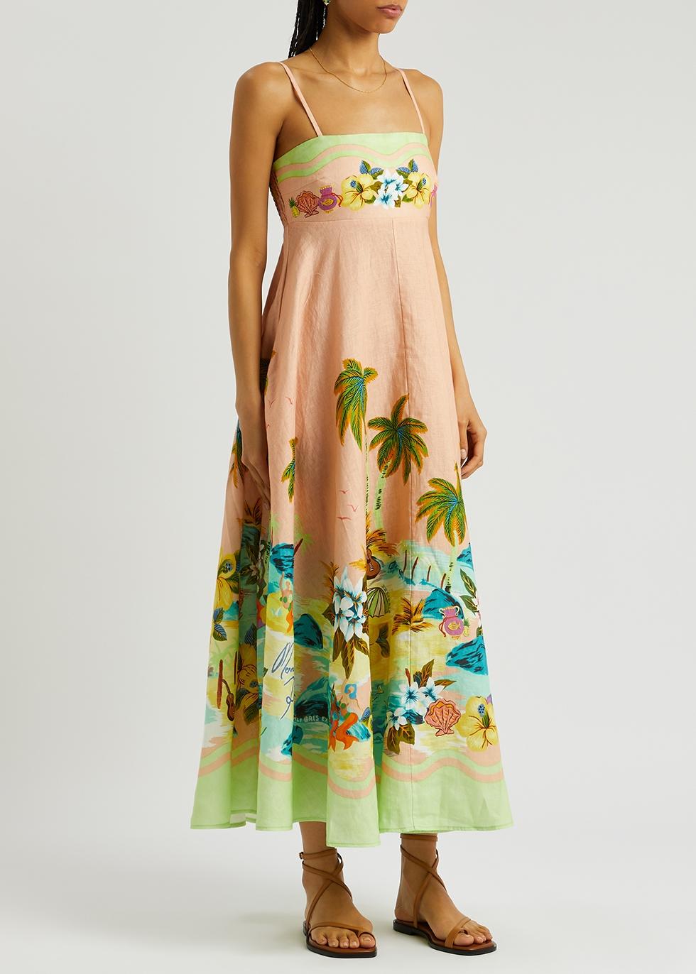 ALMAIS Mermaid Point Printed Linen Midi Dress in Blue | Lyst