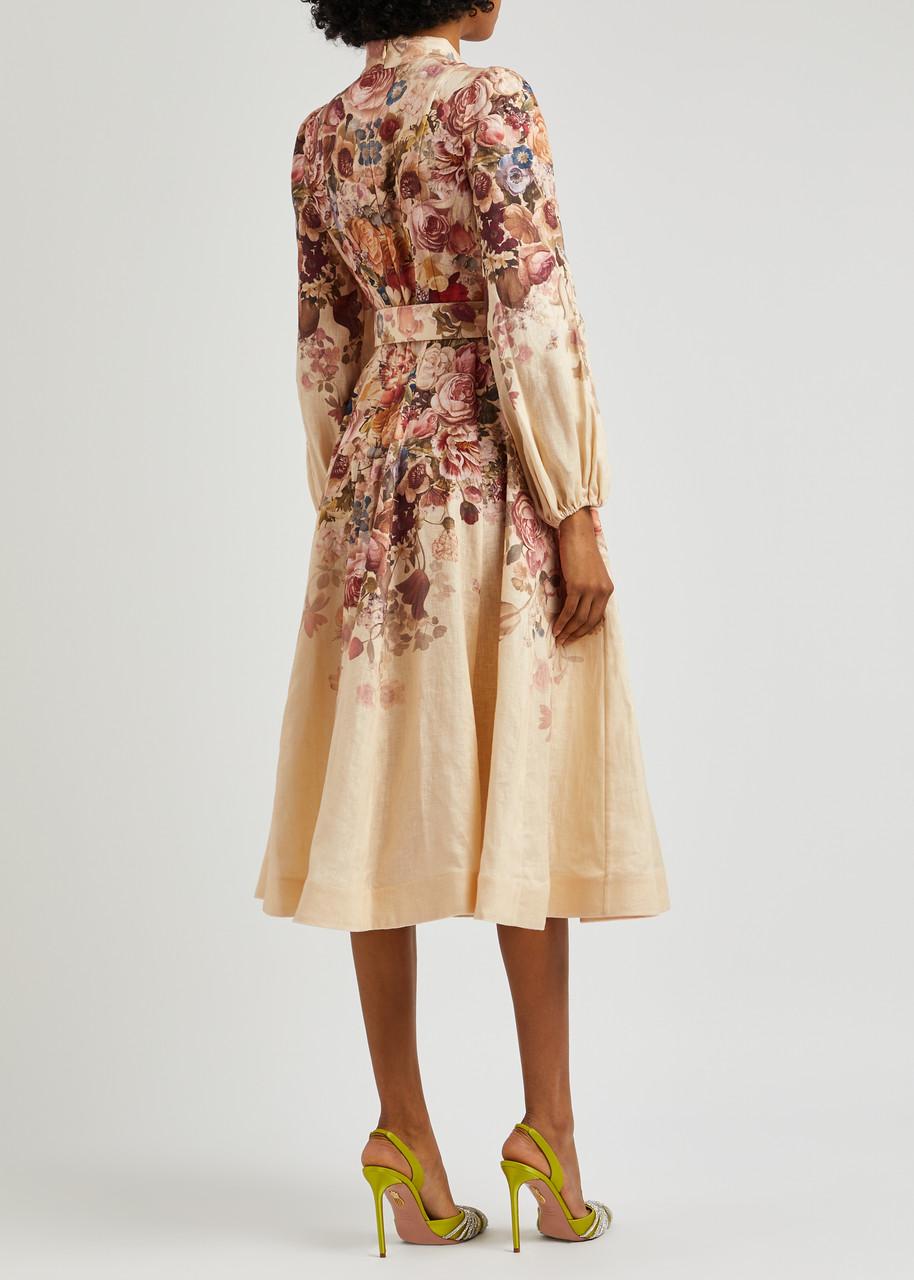 zimmermann luminosity belted floral linen midi-dress Zimmermann Luminosity Floral-print Linen Midi Dress in Natural