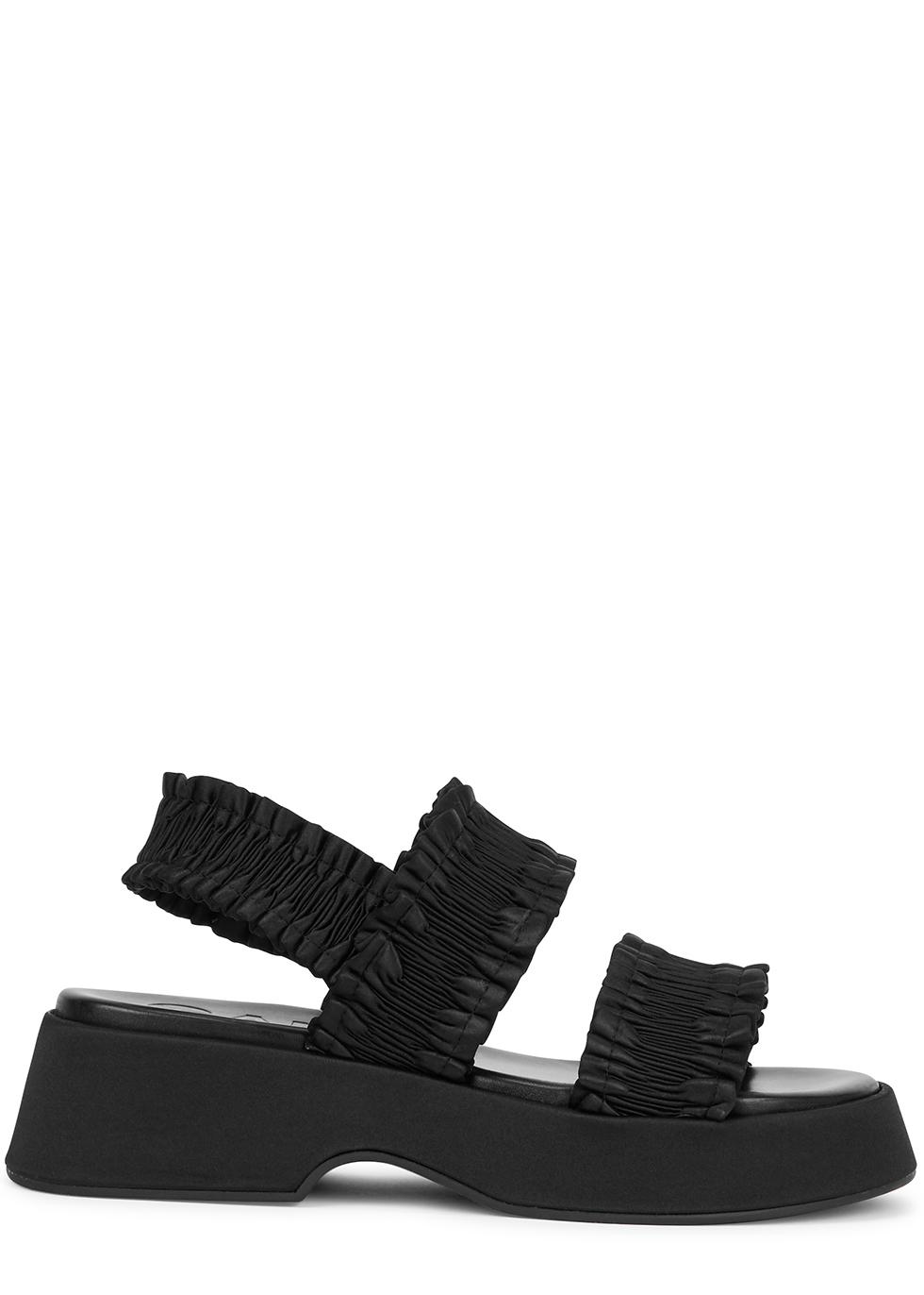 Ganni Smocked Satin Flatform Sandals in Black | Lyst