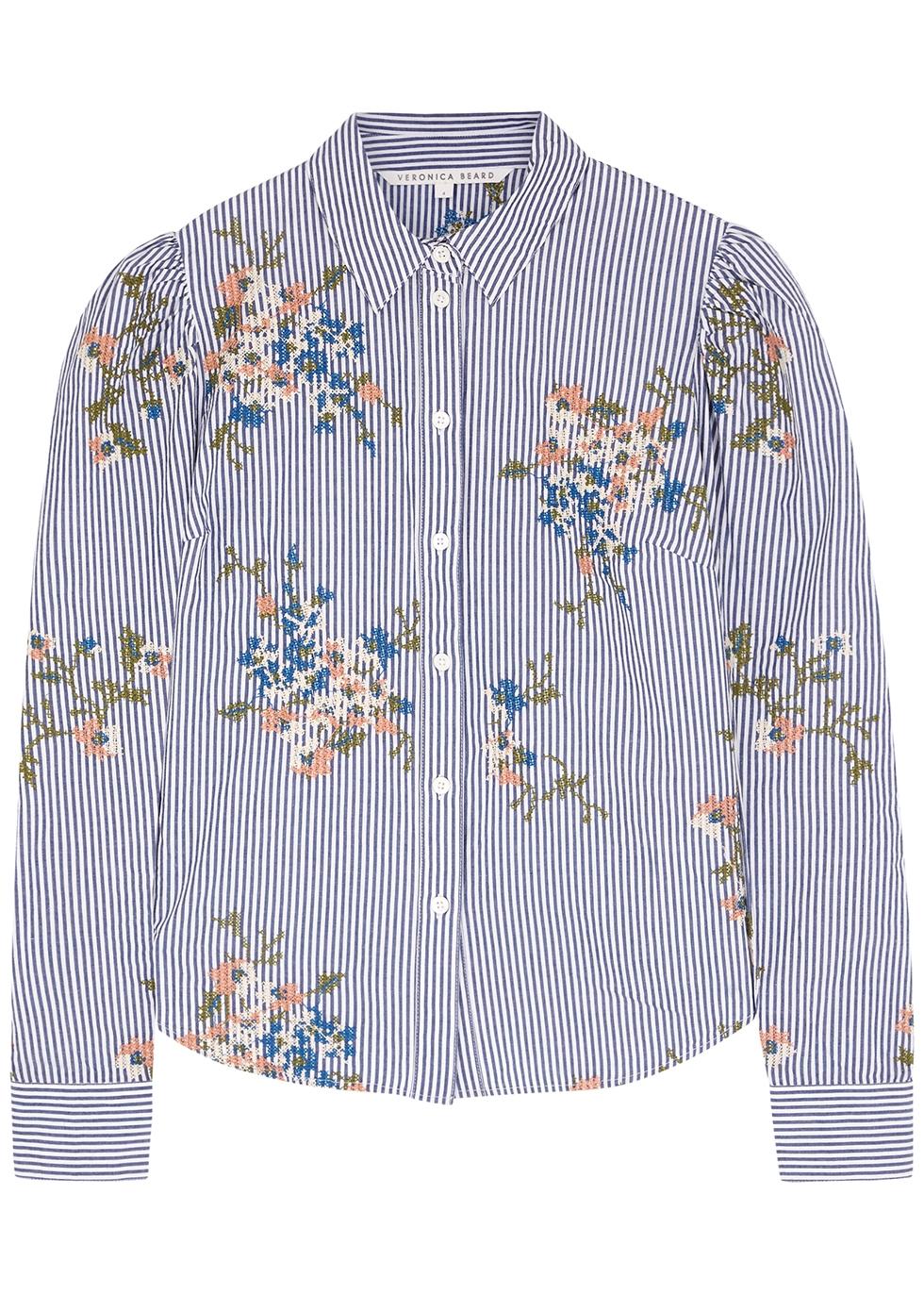Veronica Beard Signy Striped Floral-embroidered Cotton Shirt in Blue | Lyst