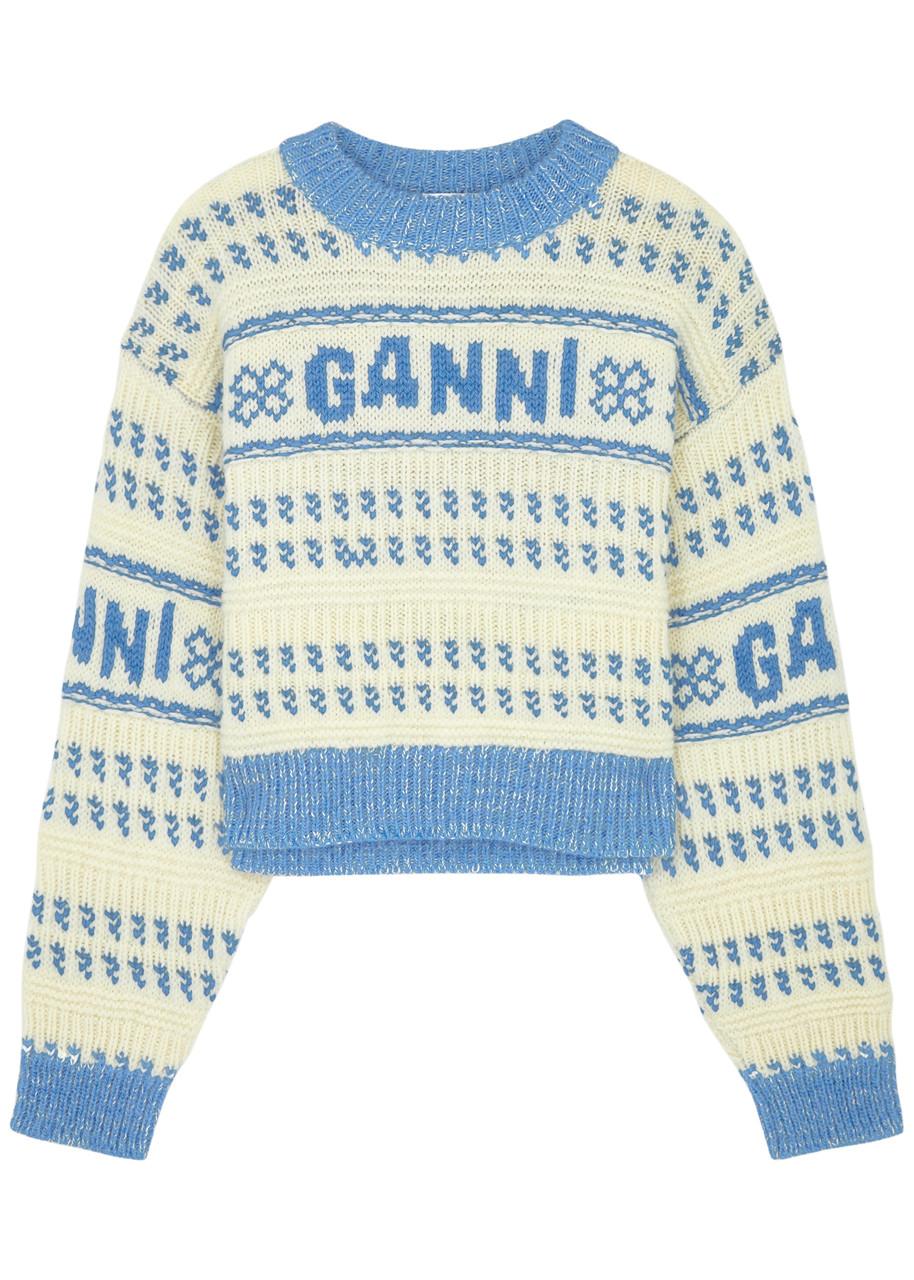Ganni Logo-Intarsia Wool Jumper in Blue | Lyst