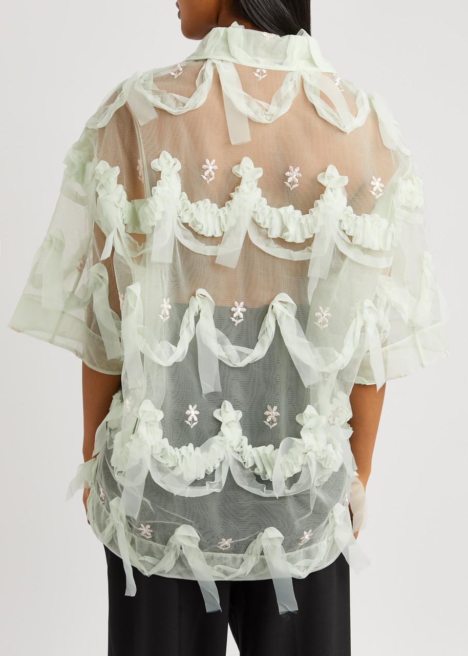Simone Rocha Floral-Embroidered Ruffled Tulle Shirt in Green | Lyst