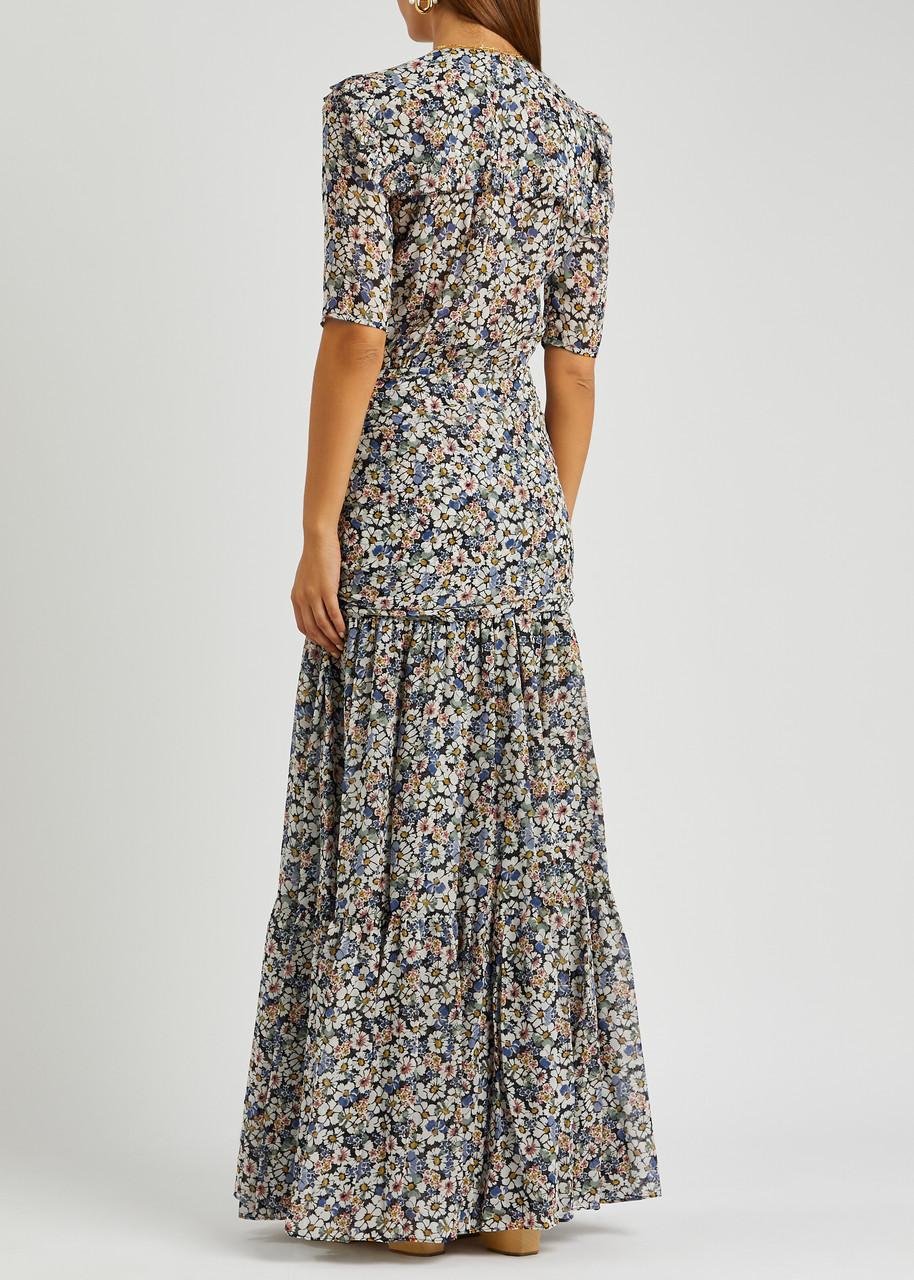 mick silk dress veronica beard Veronica Beard Mick Floral-print Silk Maxi Dress in Gray