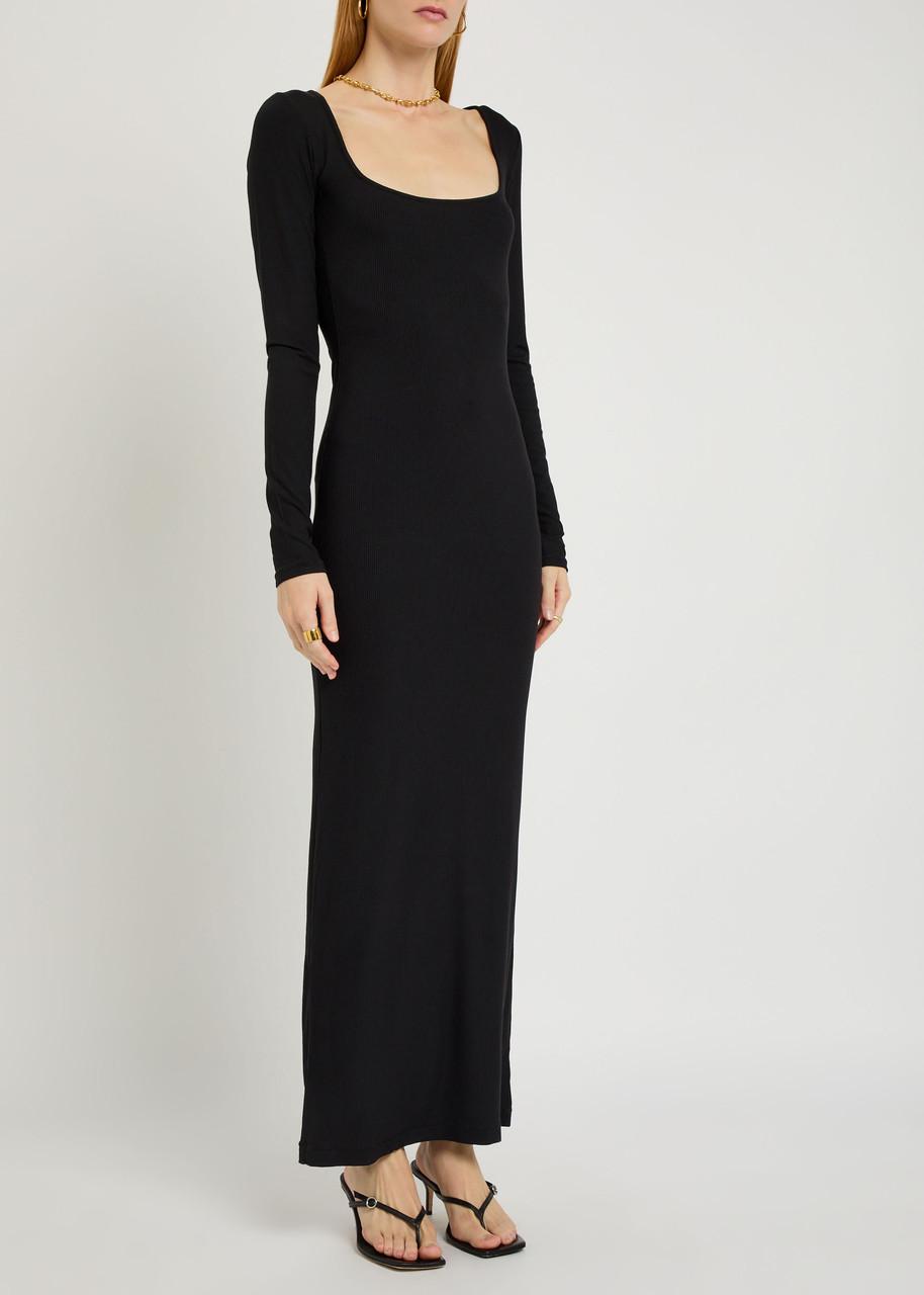 ribbed modal long sleeve maxi dress in black Long Sleeve Maxi Dress