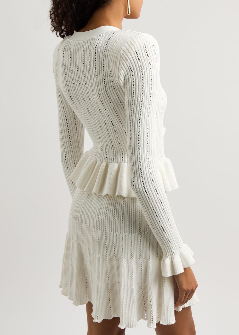Self-Portrait Ribbed-knit Peplum Mini Dress in White | Lyst