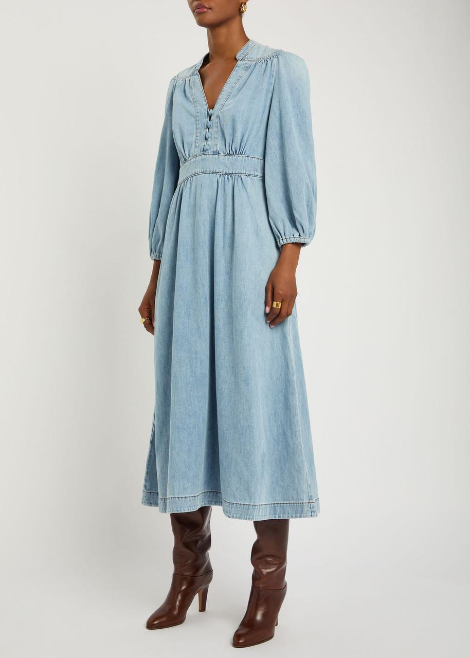 zimmermann denim dress EMBELLISHED GISELLE Fog Denim Midi Women's Dress with Slit – Steve Madden main image 0