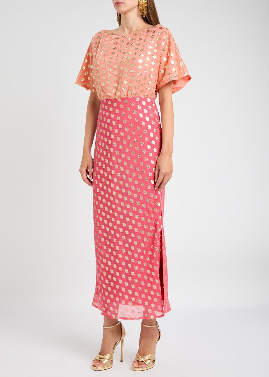 midi dress in embroidered chiffon Purple Embroidered Chiffon A-Line Midi Dress