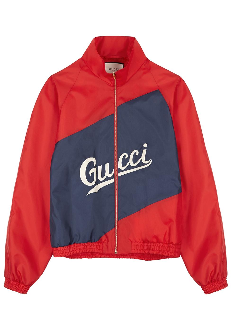 Gucci Red Logo-embroidered Shell Bomber Jacket in Blue for Men | Lyst