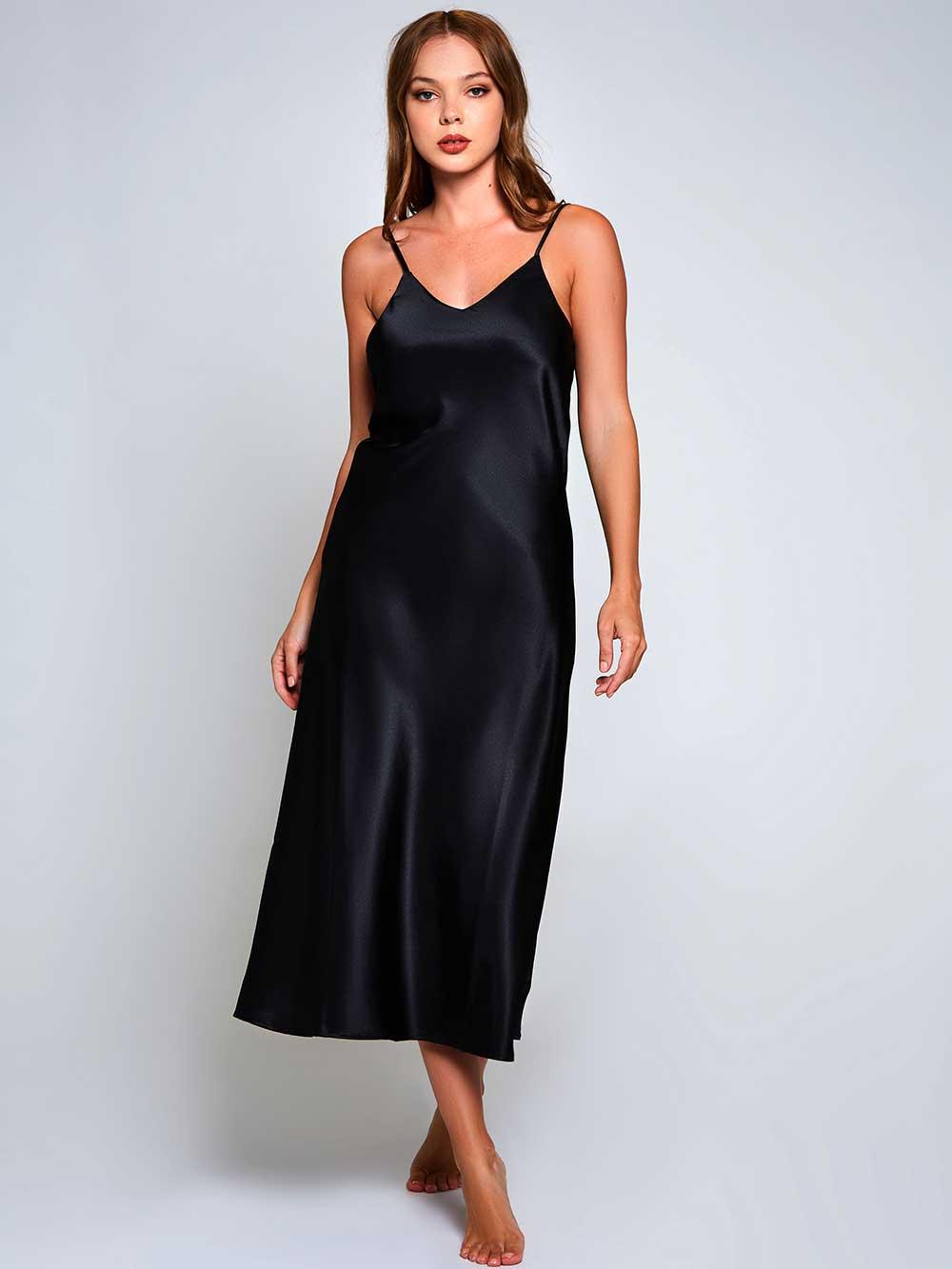 iCollection Victoria Long Satin Nightgown in Black | Lyst