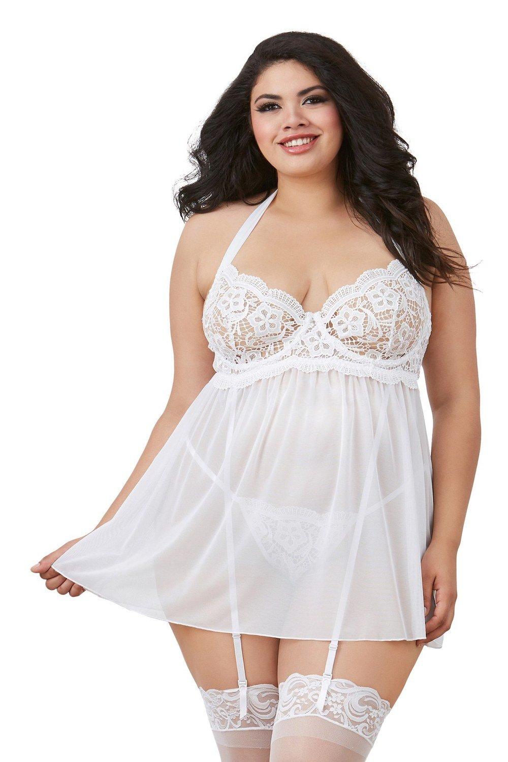 Dreamgirl Plus Size Sheer Lace Babydoll Lingerie Set in White | Lyst UK