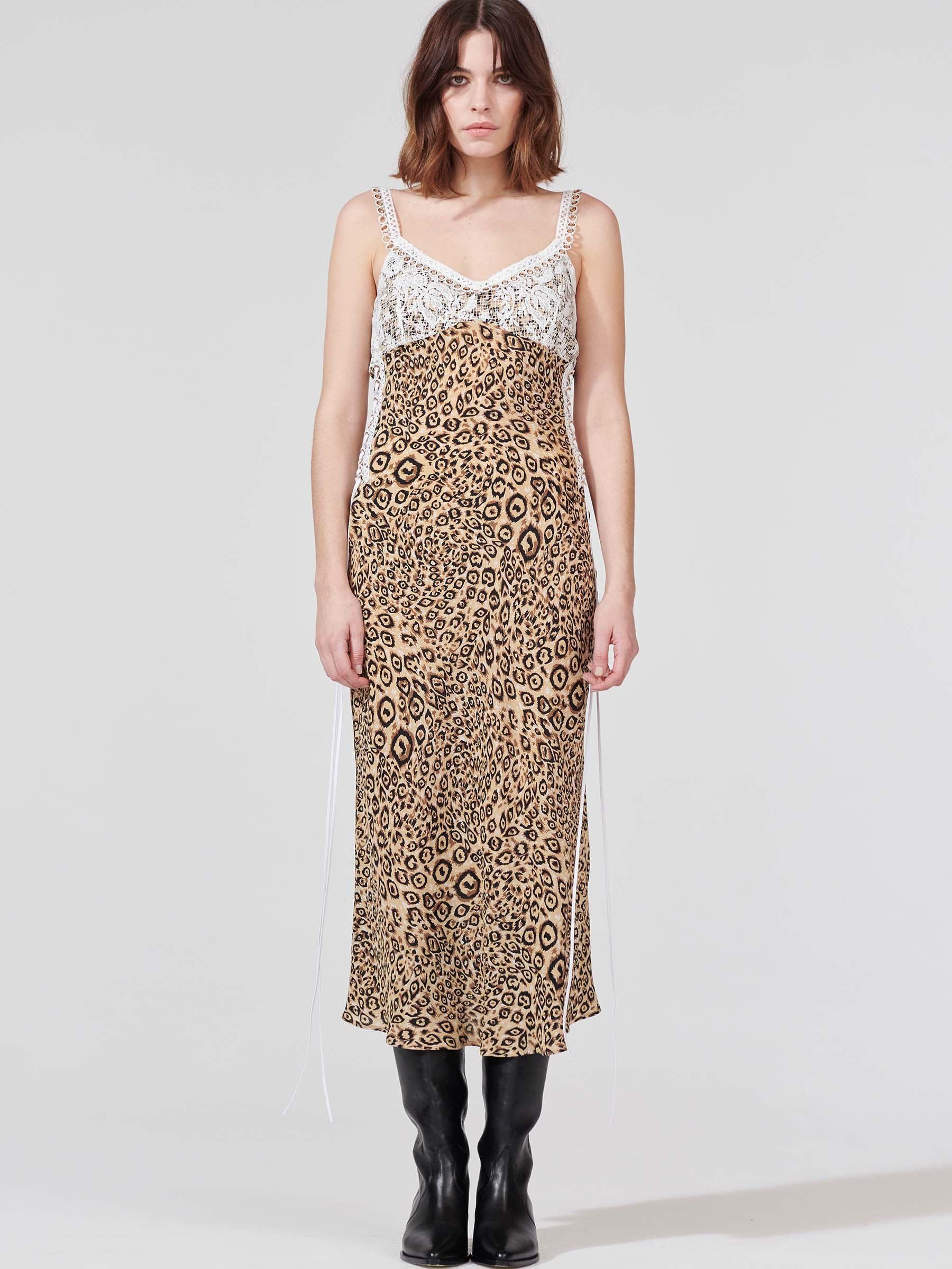Hayley Menzies Arizona Silk Lace Midi Slip Dress in Leopard (Natural