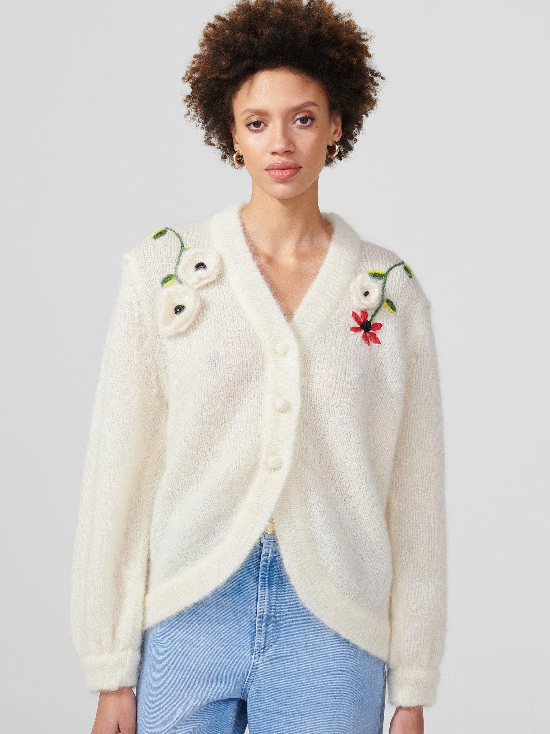 Hayley Menzies Denim Nancy Mohair Embroidered Cardigan in Cream (White ...
