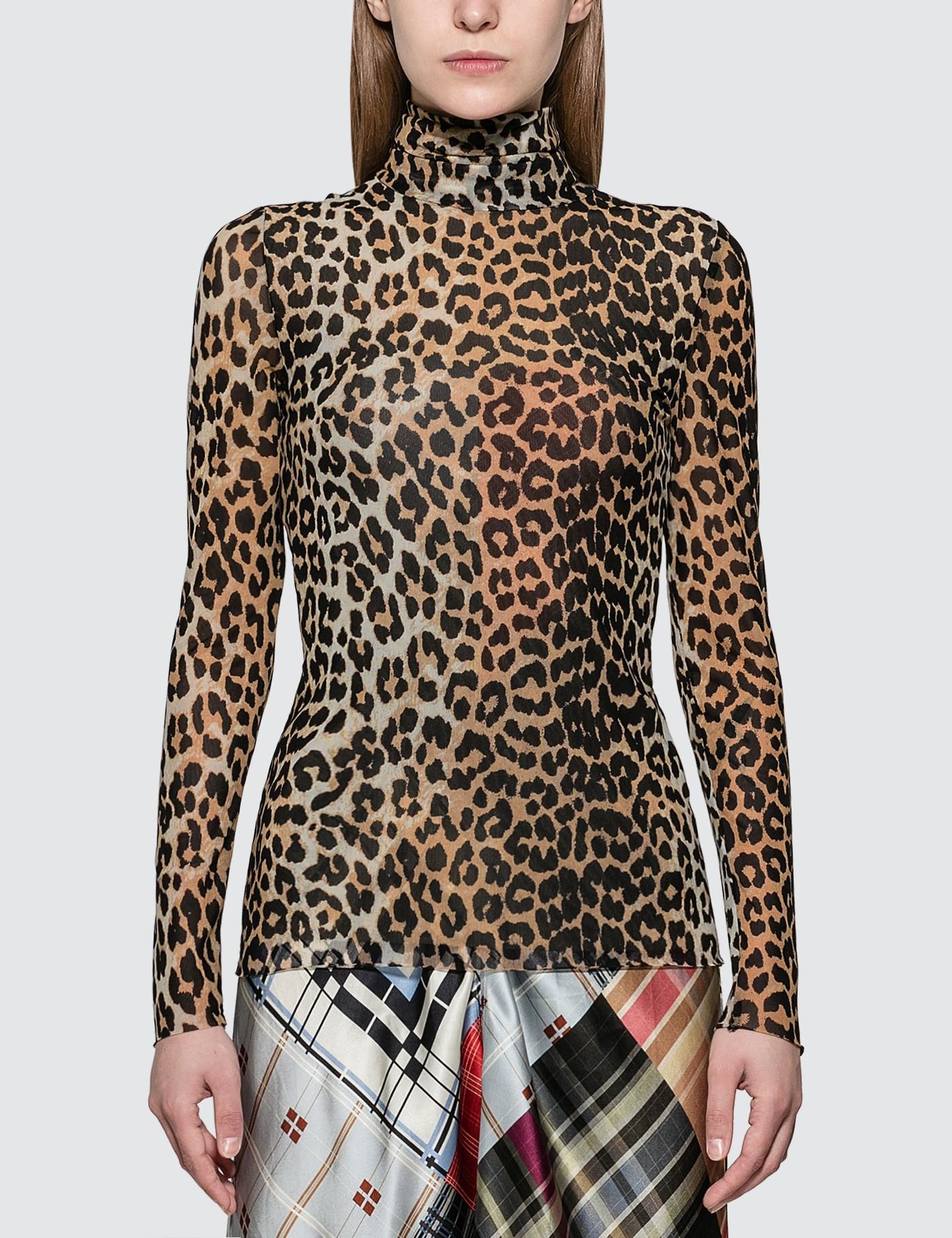 Ganni Synthetic Printed Mesh Leopard Turtleneck in Brown - Save 12% - Lyst