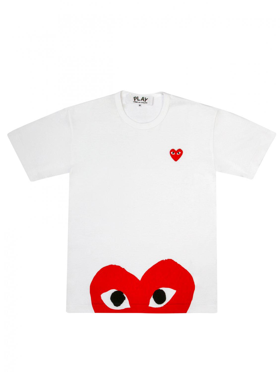 Comme des Garçons Cotton Play Mens Red Heart Hem T Shirt White for Men