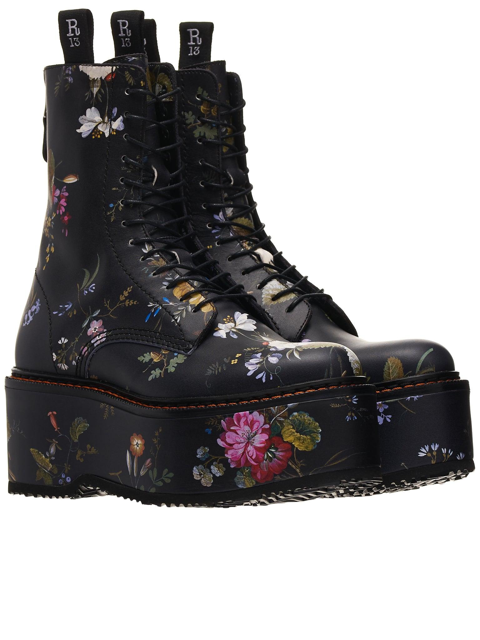 R13 Floral Double Stack Boot in Black 