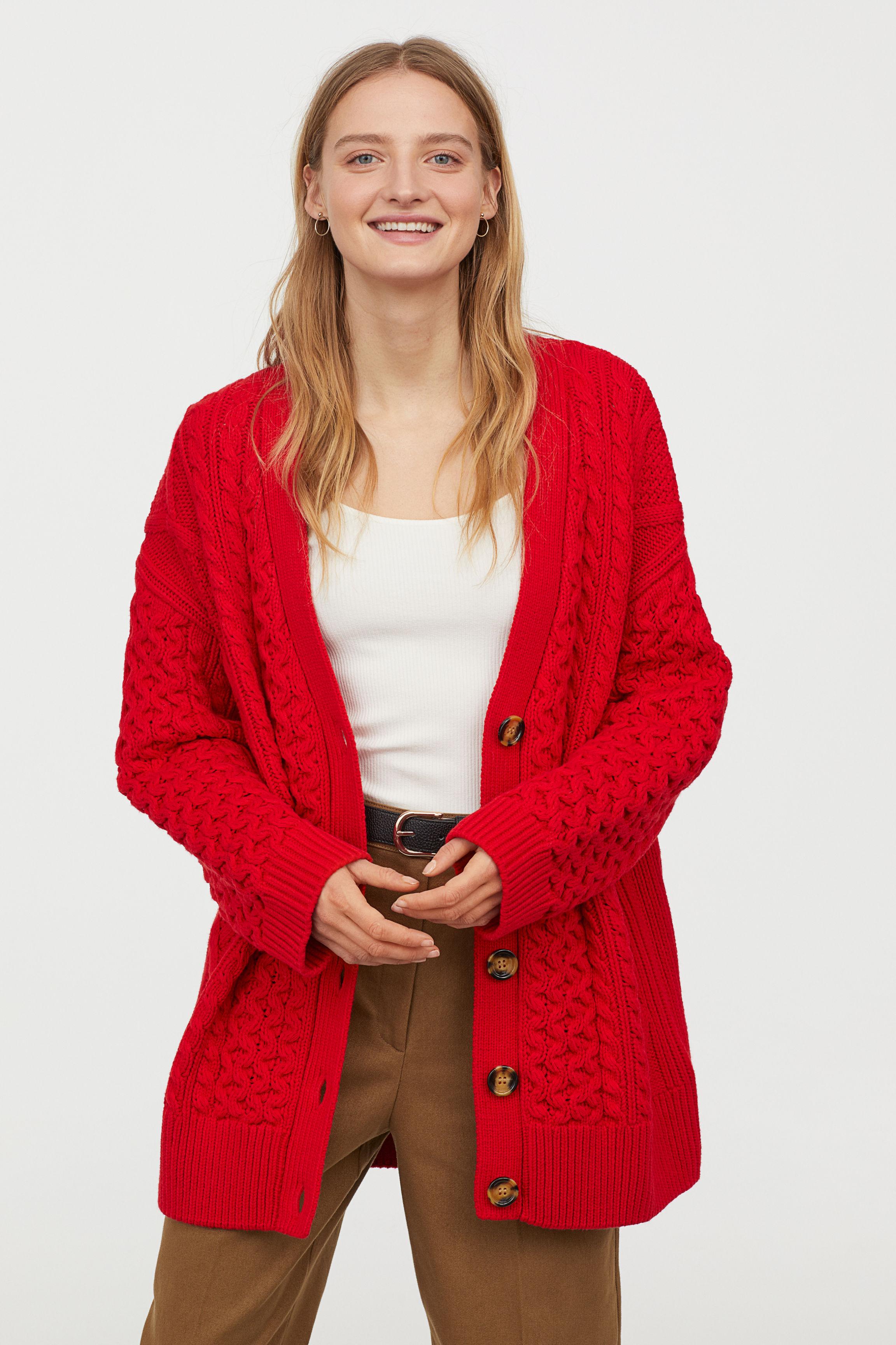 H&M Oversized Cable-knit Cardigan in Red - Lyst