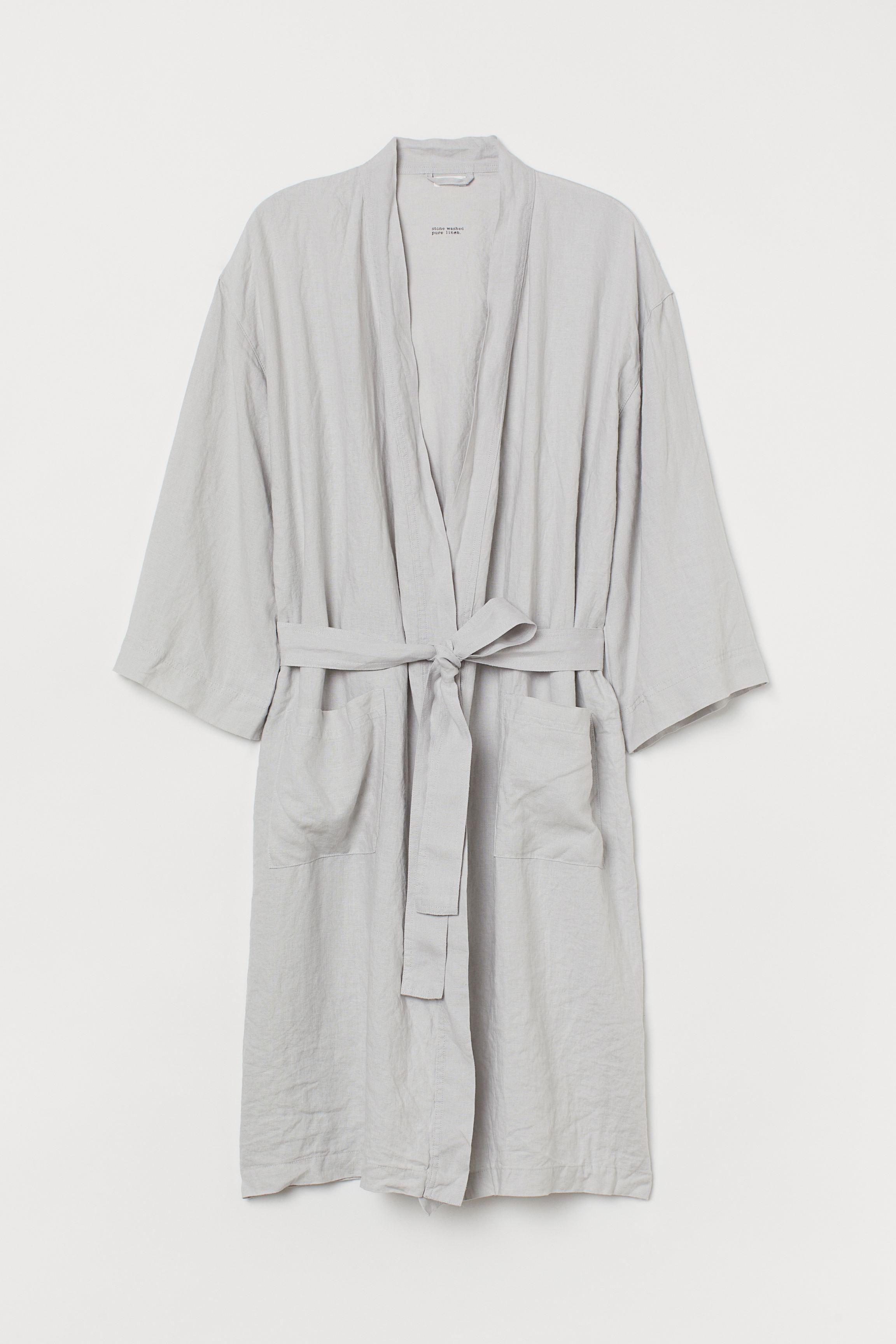 H&M Washed Linen Bathrobe in Light Gray (Gray) - Lyst
