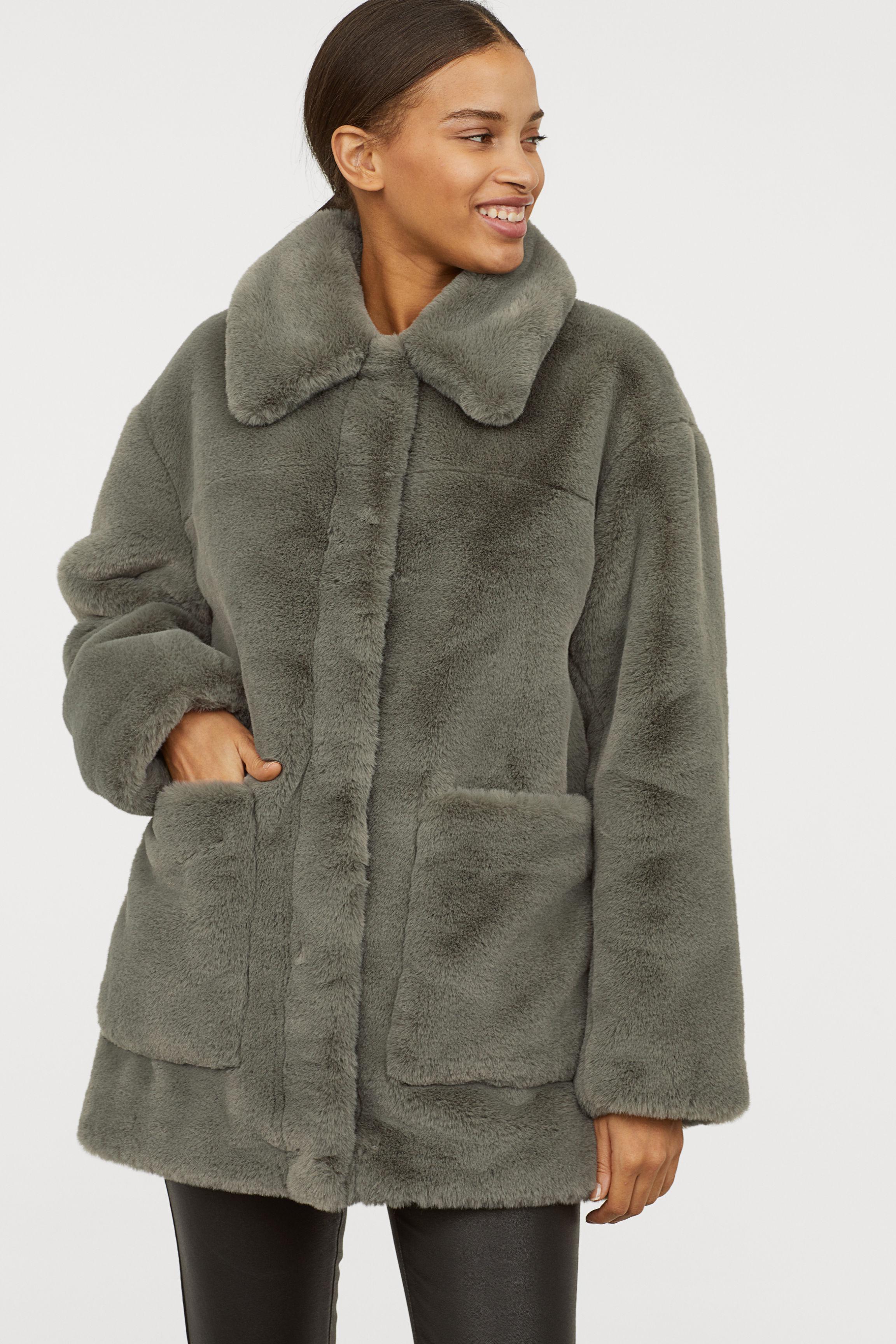 H&M Faux Fur Jacket in Dusky Green (Green) - Lyst