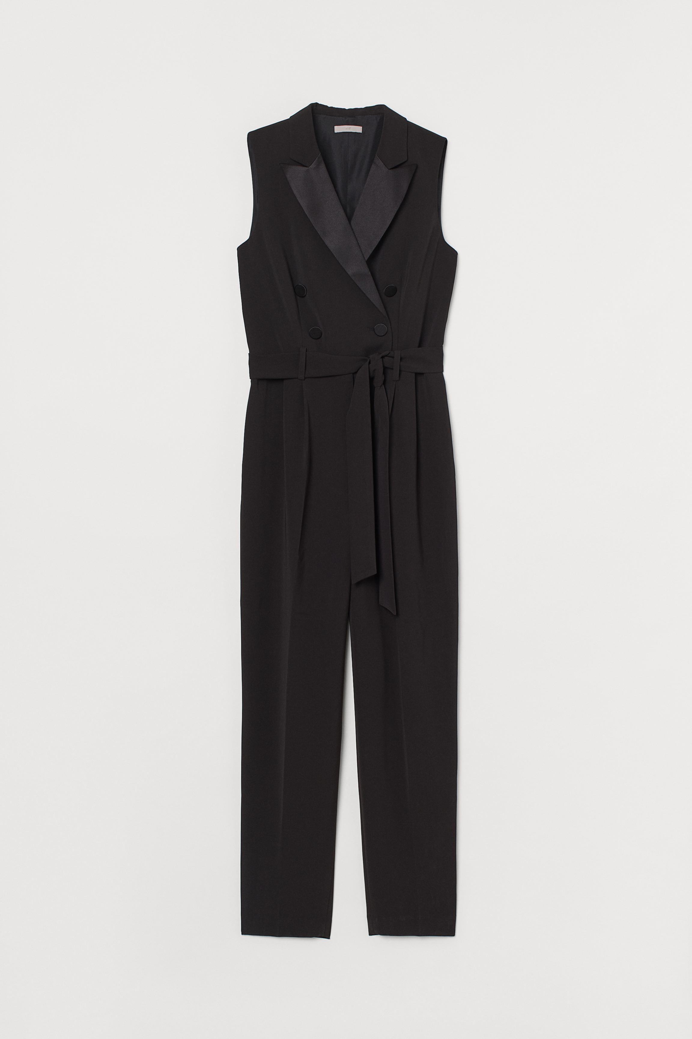 H&M Satin Double-breasted Jumpsuit in Black | Lyst