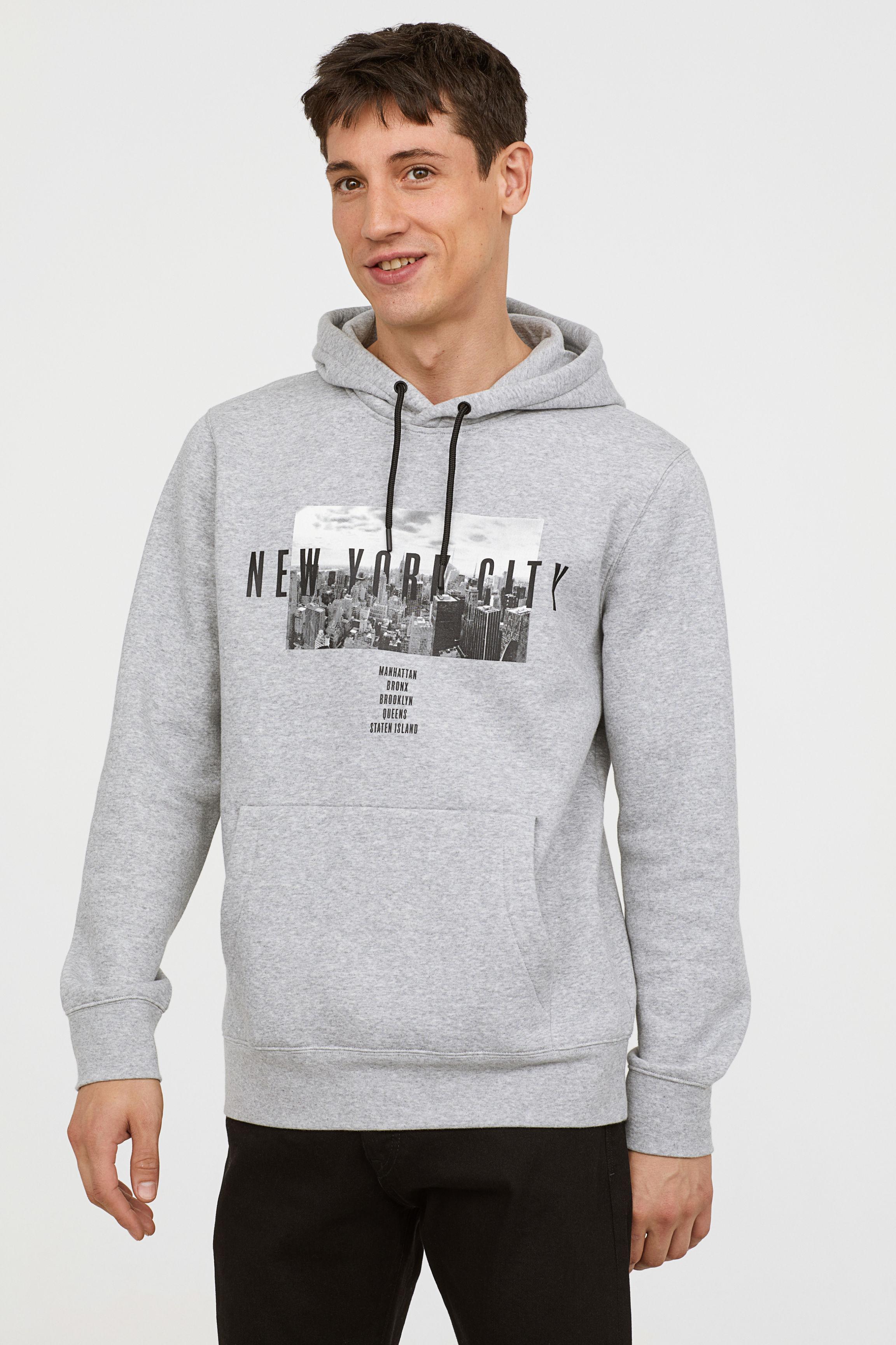  H  M  Cotton Printed Hooded Sweatshirt  in Gray Melange Gray 