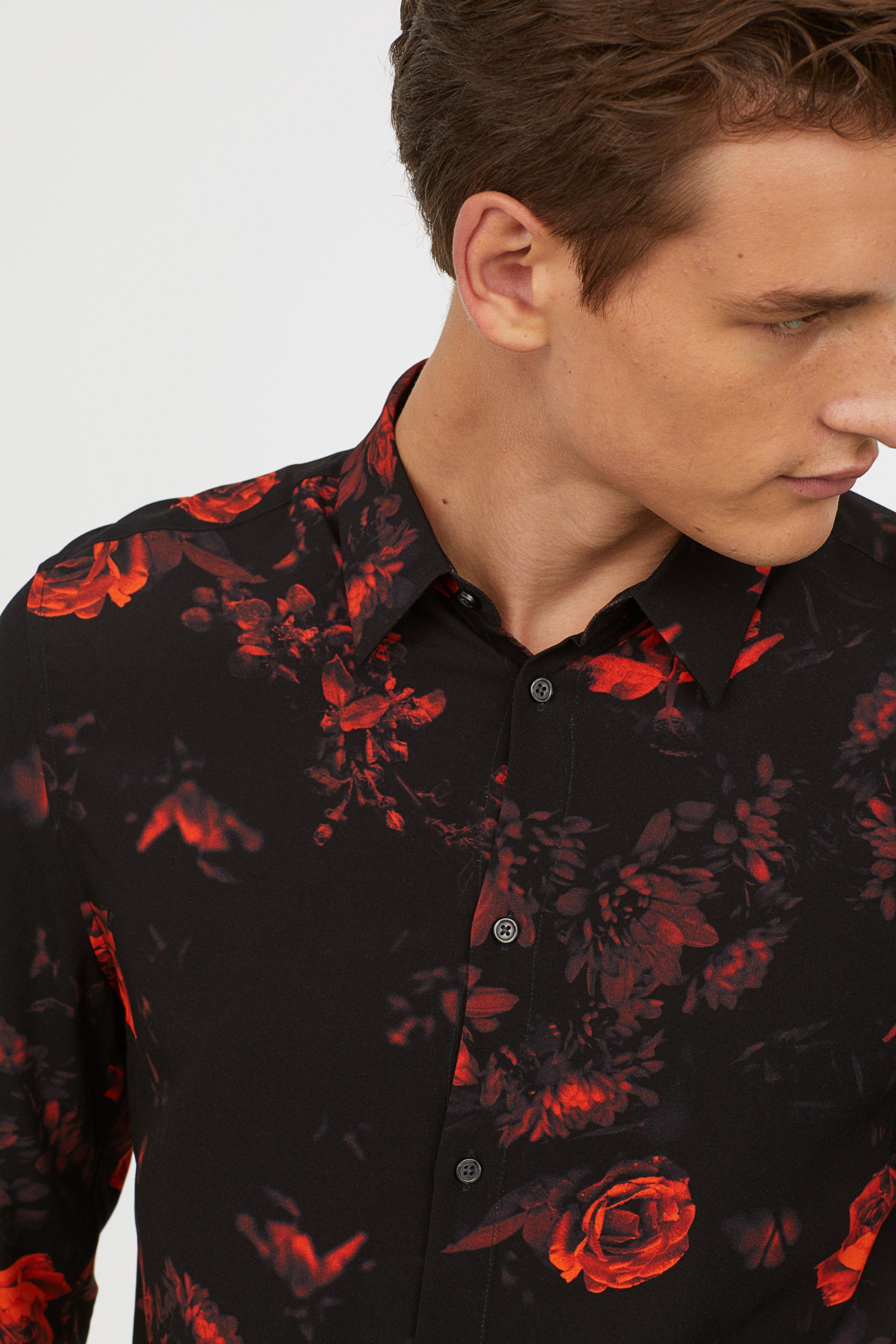 H&M Slim Fit Patterned Shirt in Black for Men | Lyst