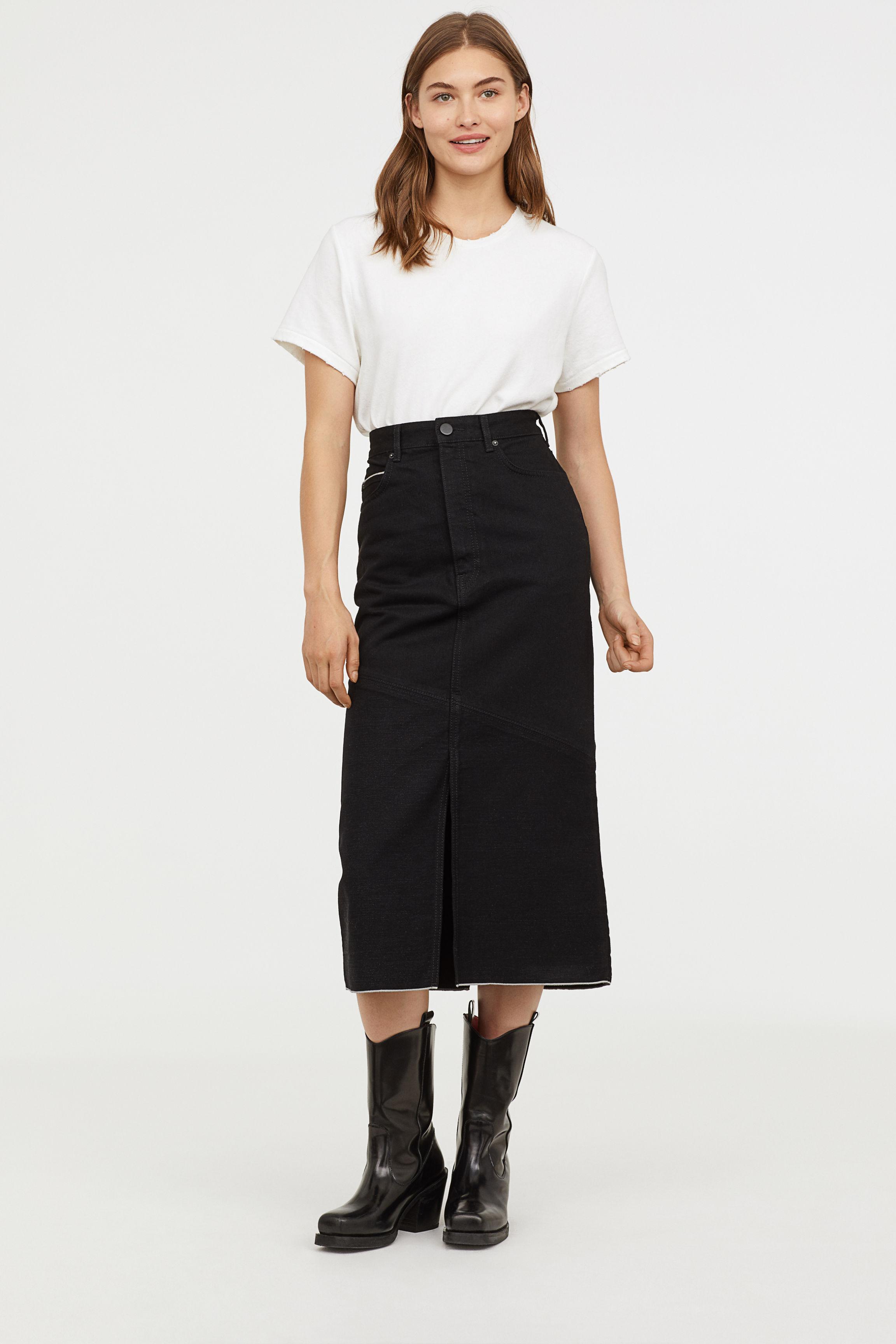 H&M Long Denim Skirt in Black | Lyst
