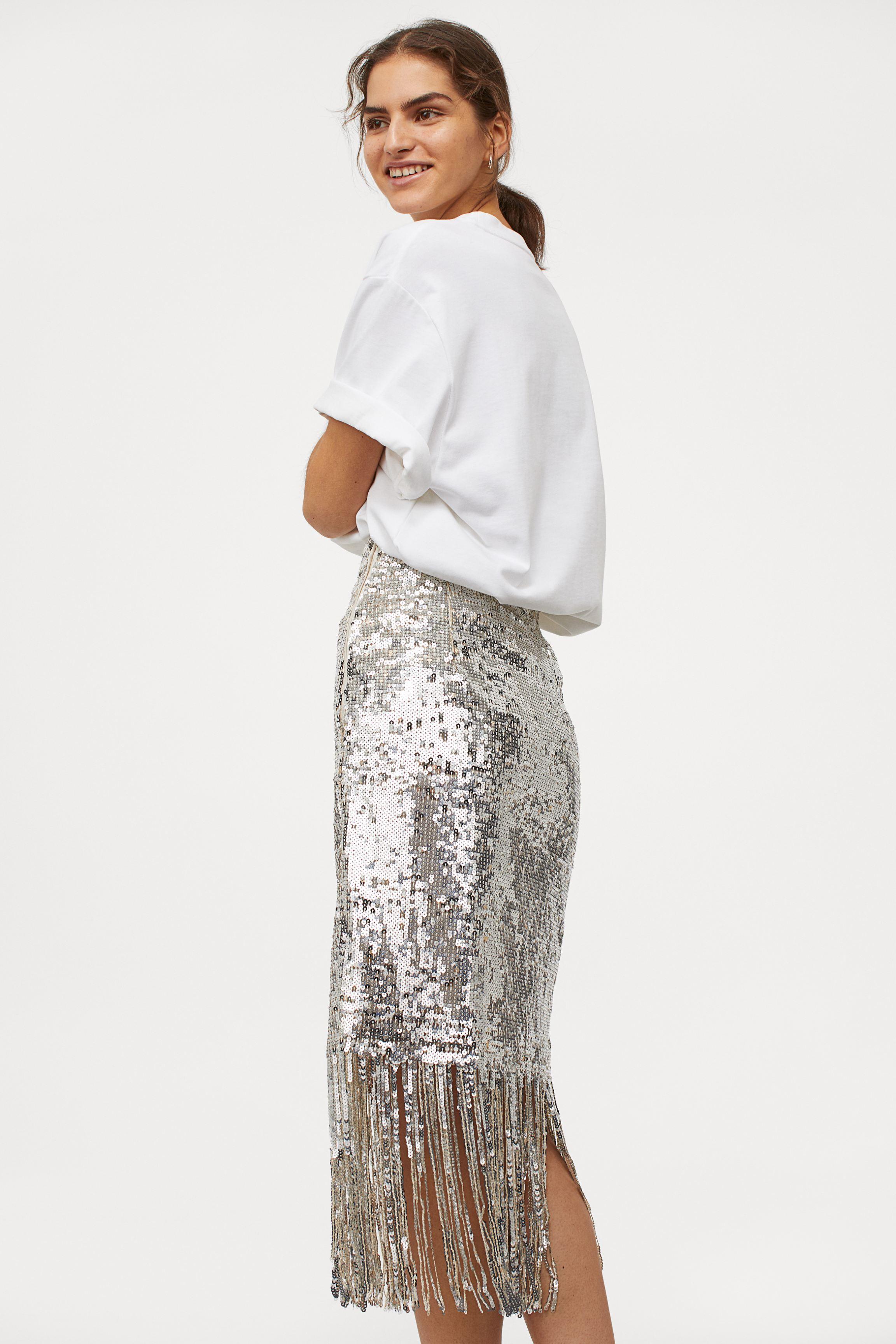 H&M Synthetic Fringe-trimmed Sequined Skirt in Metallic | Lyst