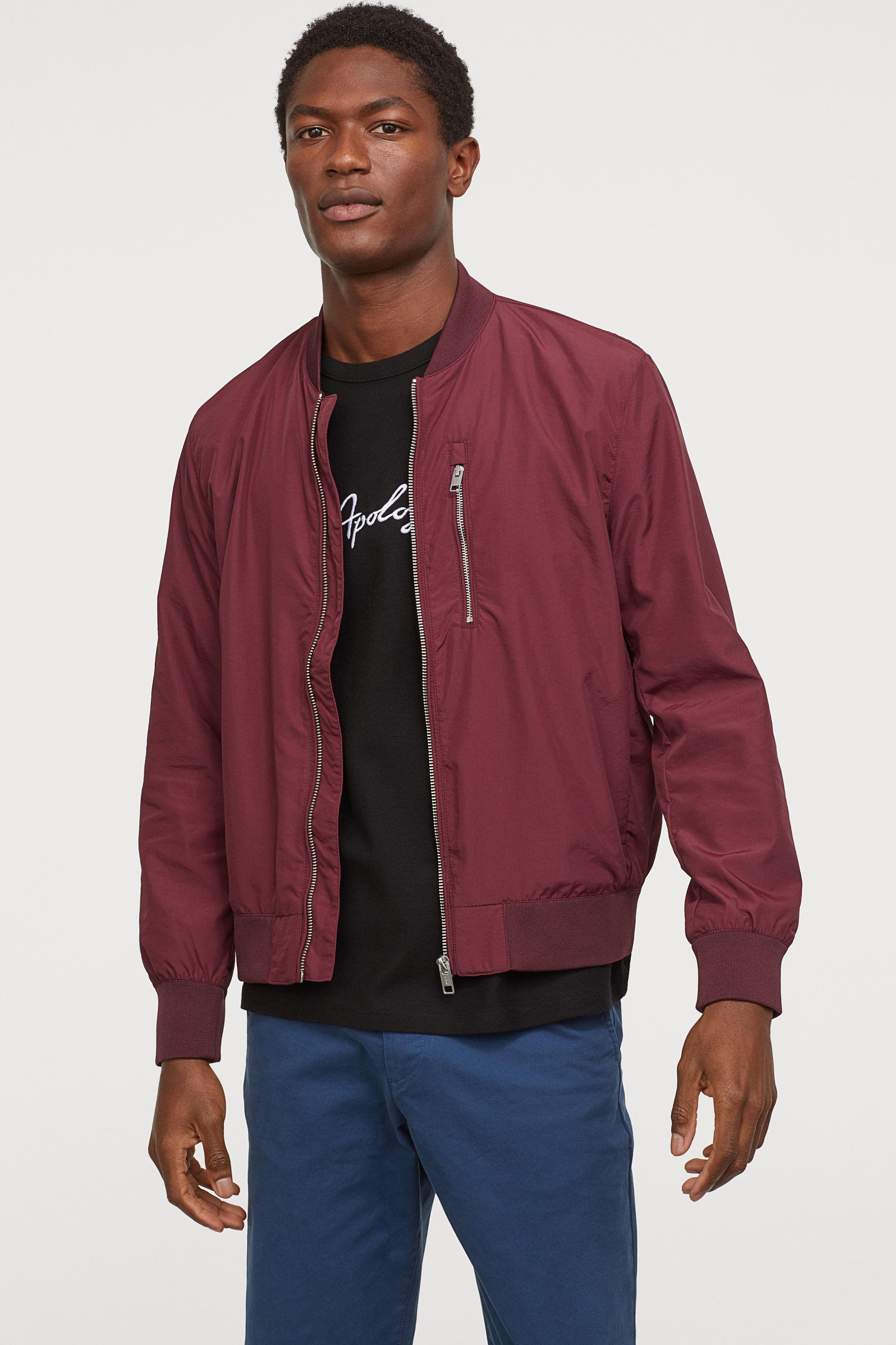 red nylon bomber jacket