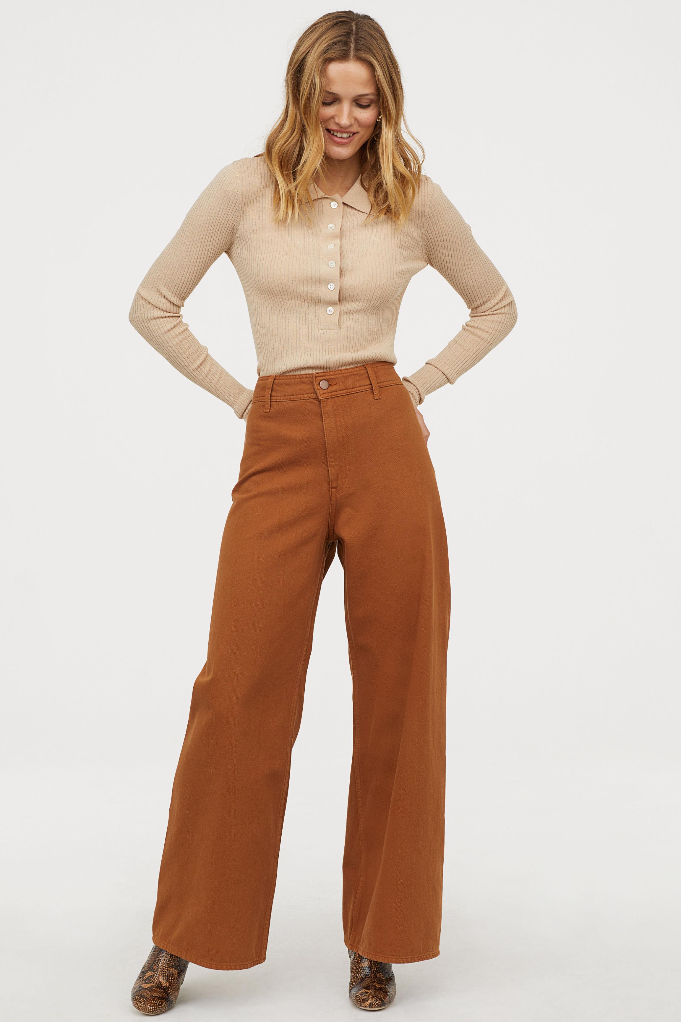H&M Wide-leg Twill Pants in Brown | Lyst