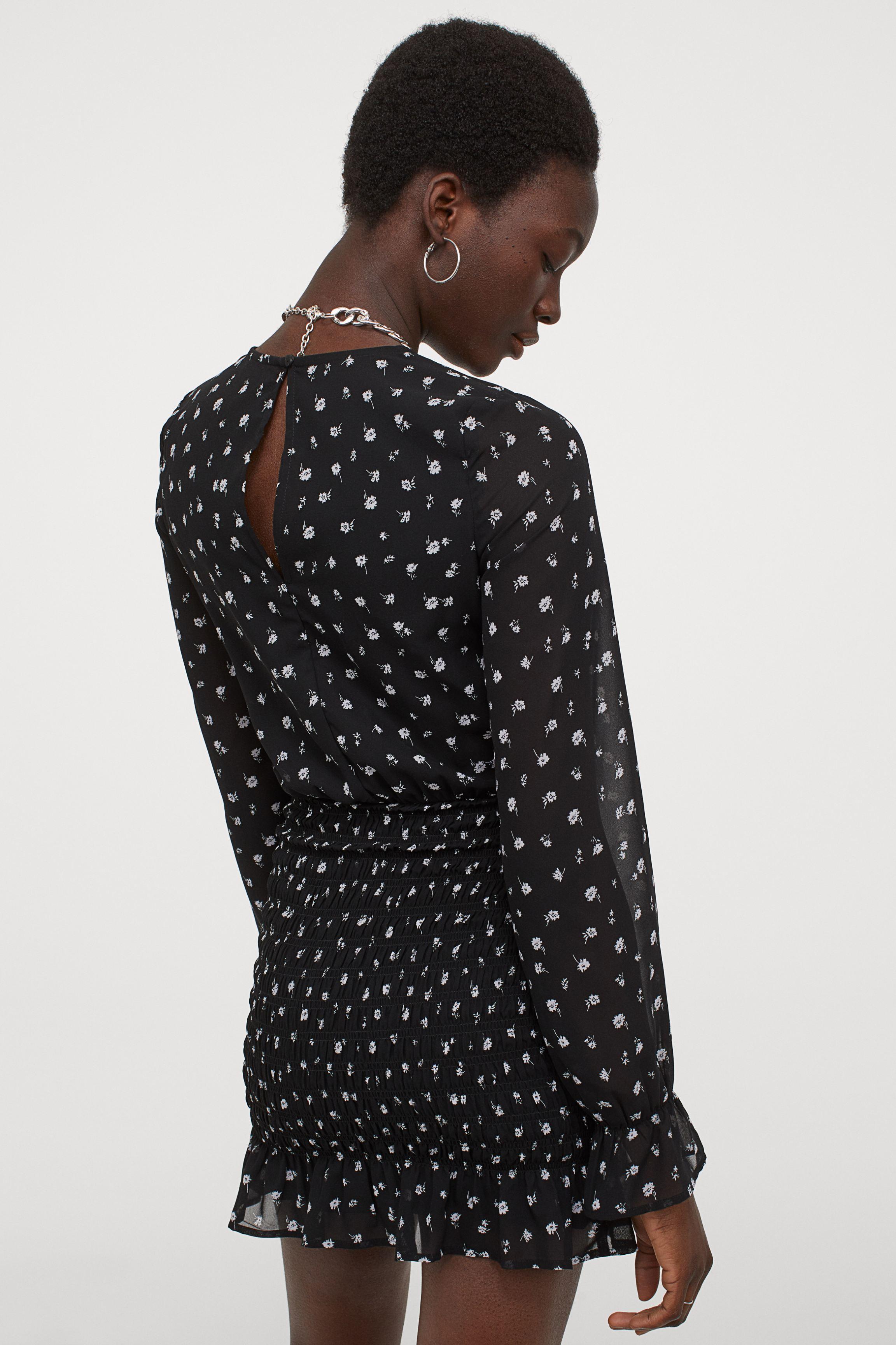H&M Synthetic Smock-detail Dress in Black/White Floral (Black) - Lyst