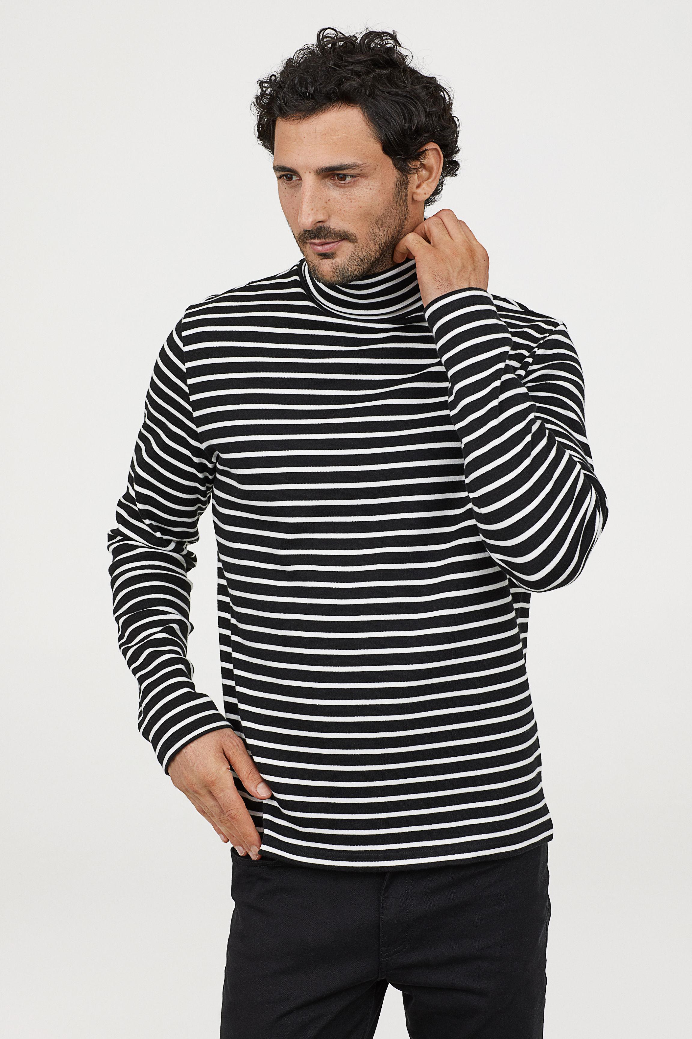 Turtleneck T-shirt Blouse Tops Cotton blends Mens Striped Casual Shirt 