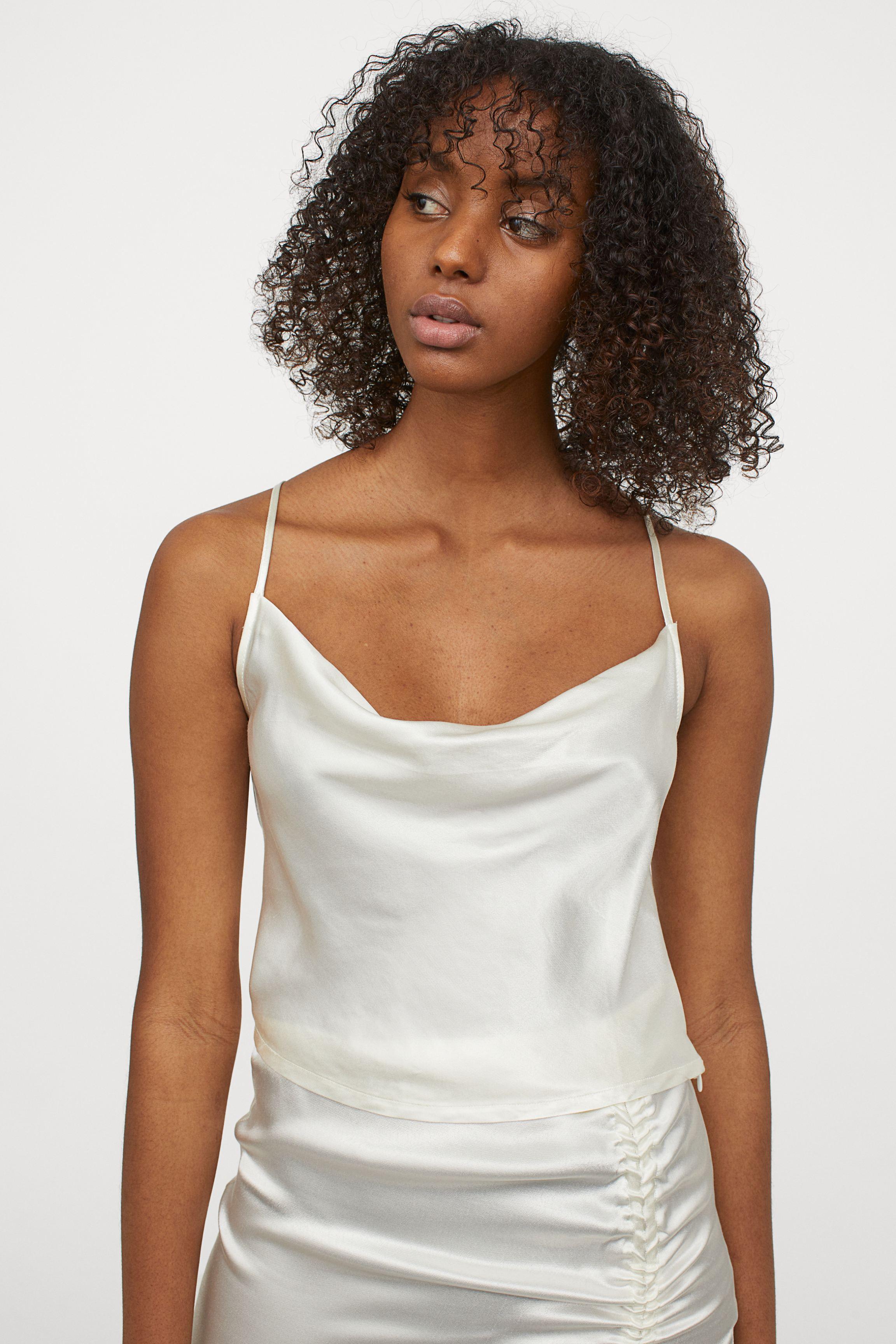 H&M Cropped Satin Top in White | Lyst
