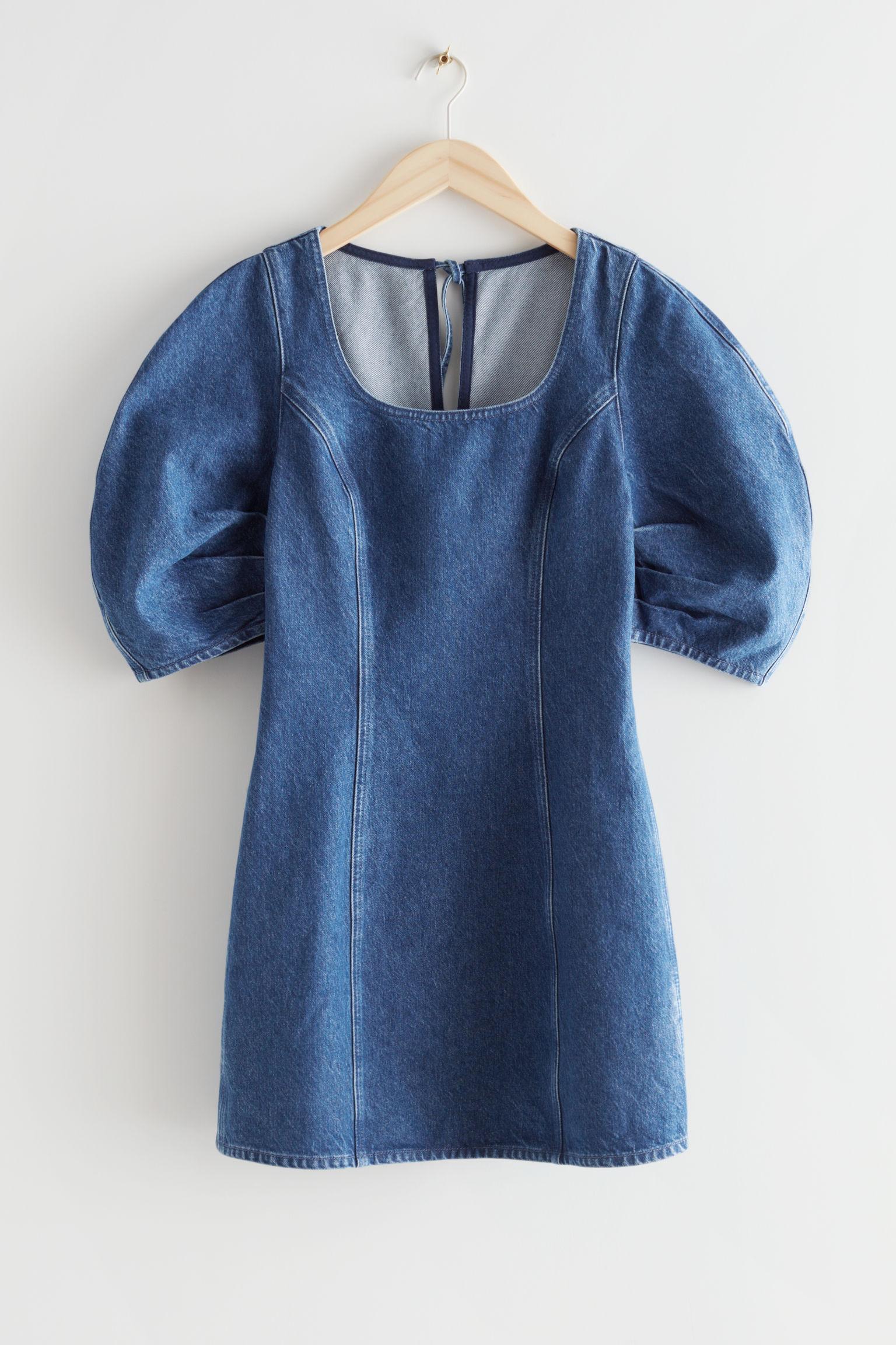 H&M Puff Sleeve Denim Mini Dress in Blue | Lyst Canada