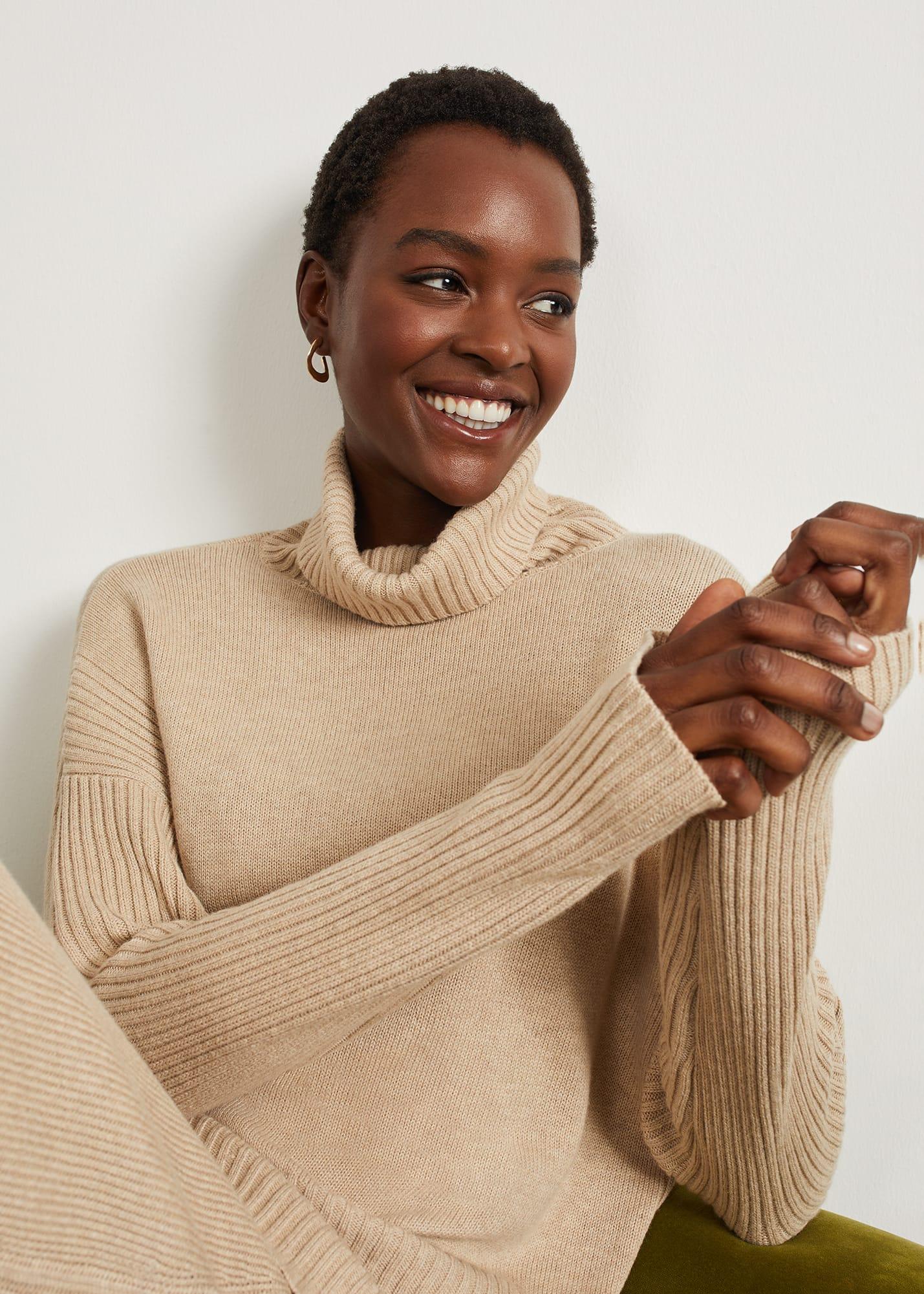 Hobbs Lovell Co ord Wool Cotton Roll Neck Jumper in Natural Lyst Australia