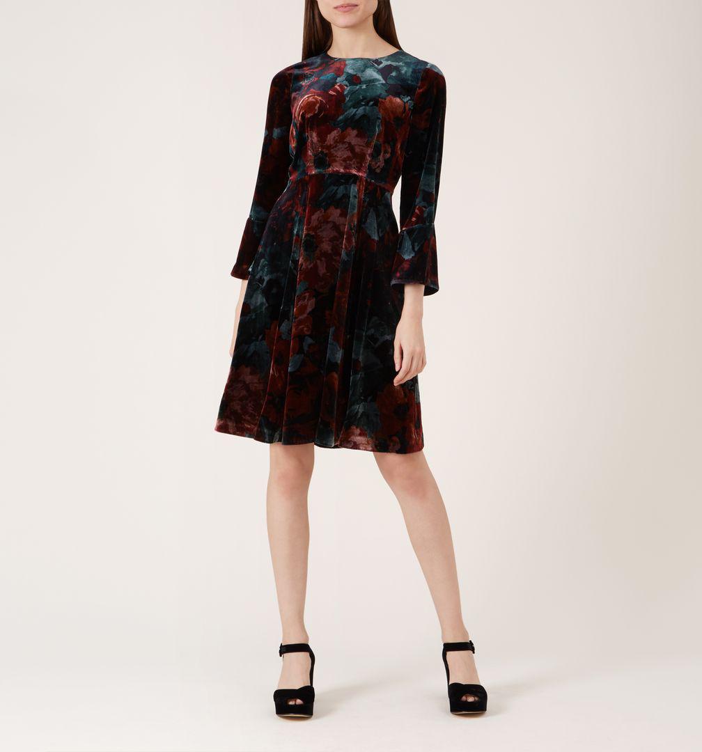 Hobbs Floral Print Velvet 'zinnia' Long Sleeves Knee Length Dress With