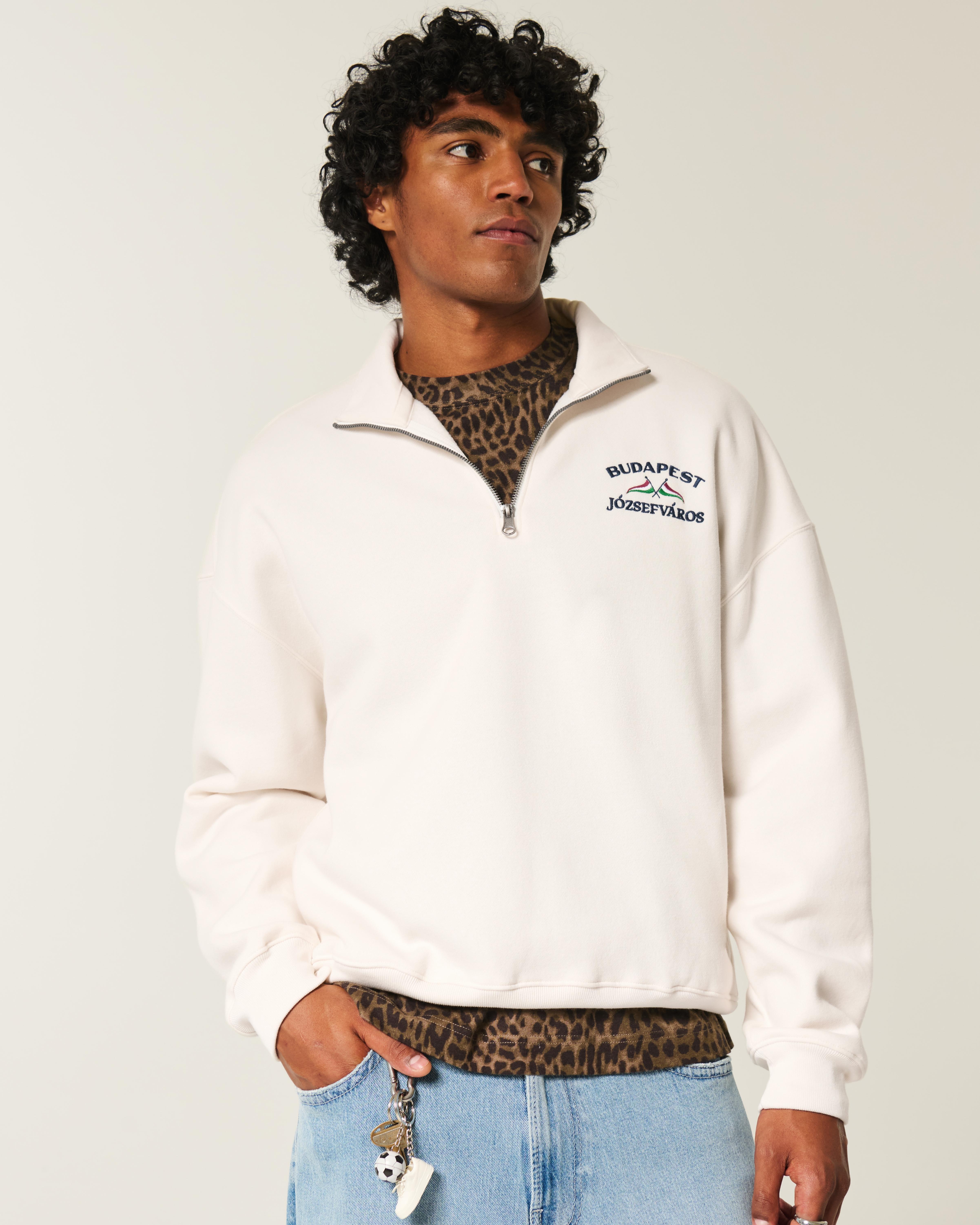 Hollister Boxy Quarter-zip Budapest Graphic Sweatshirt in Natural