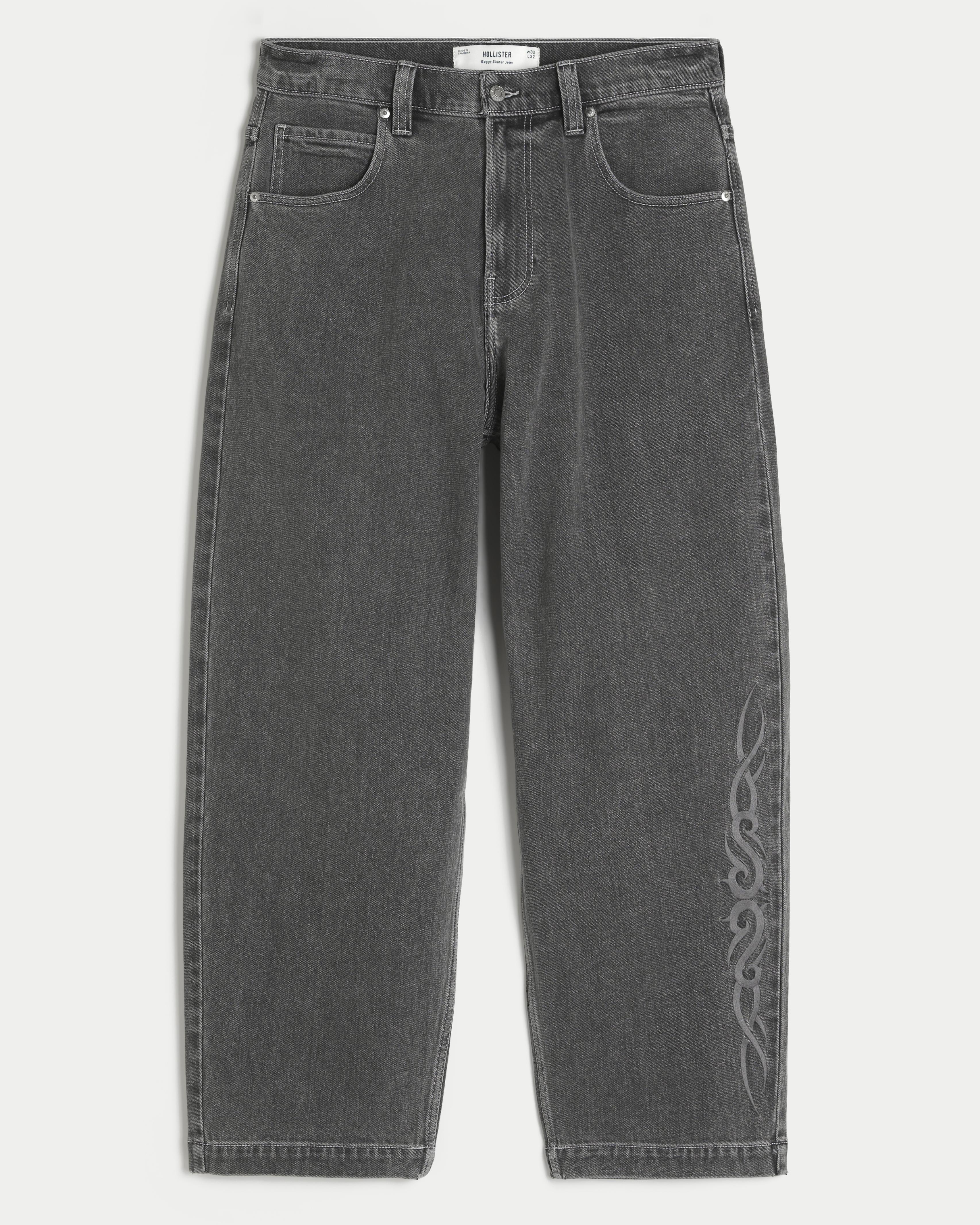 Hollister Washed Black Embroidered Baggy Skater Jeans in Grey for 