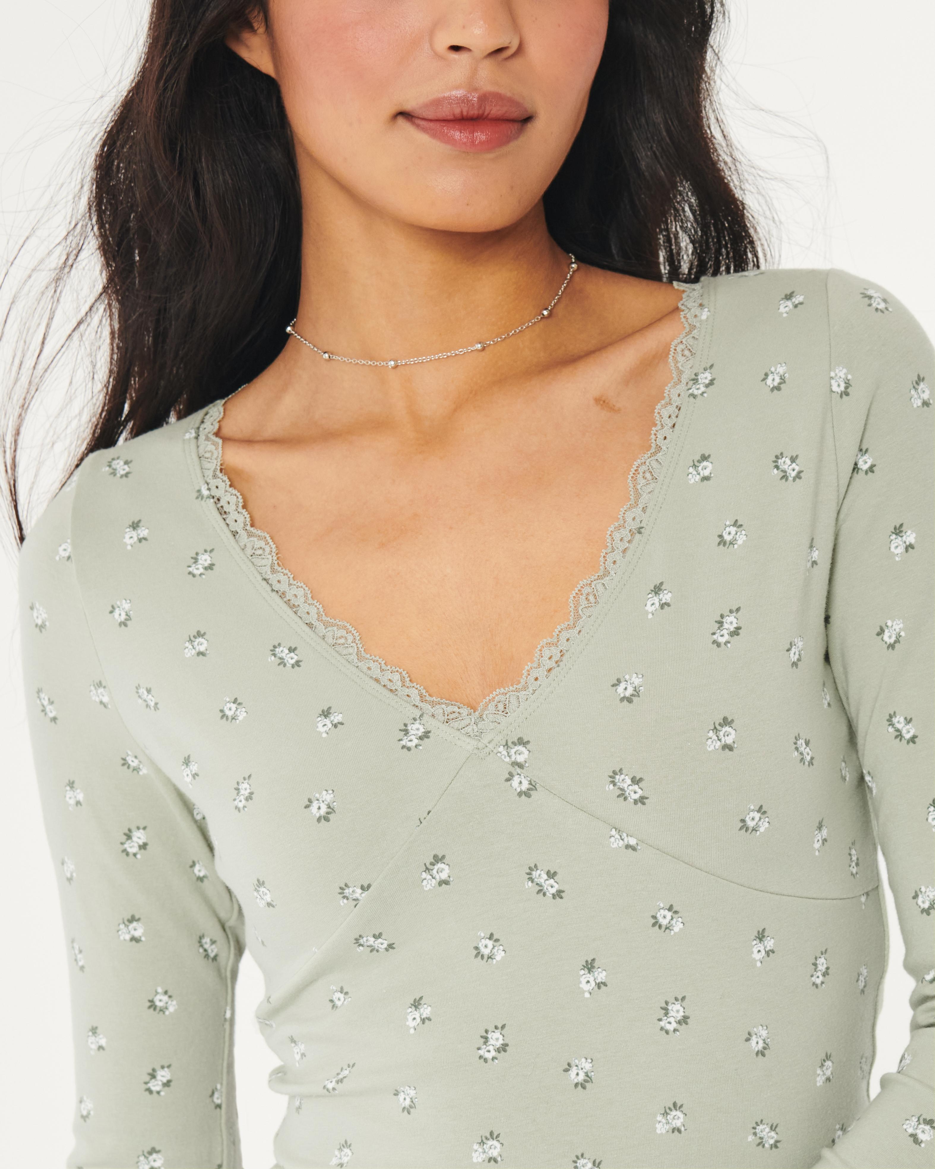 TINSTREE Women's V-Neck Lace Blouse - Long Sleeve Loose Fit Top, Cotton & Lace Hollow-Out Design