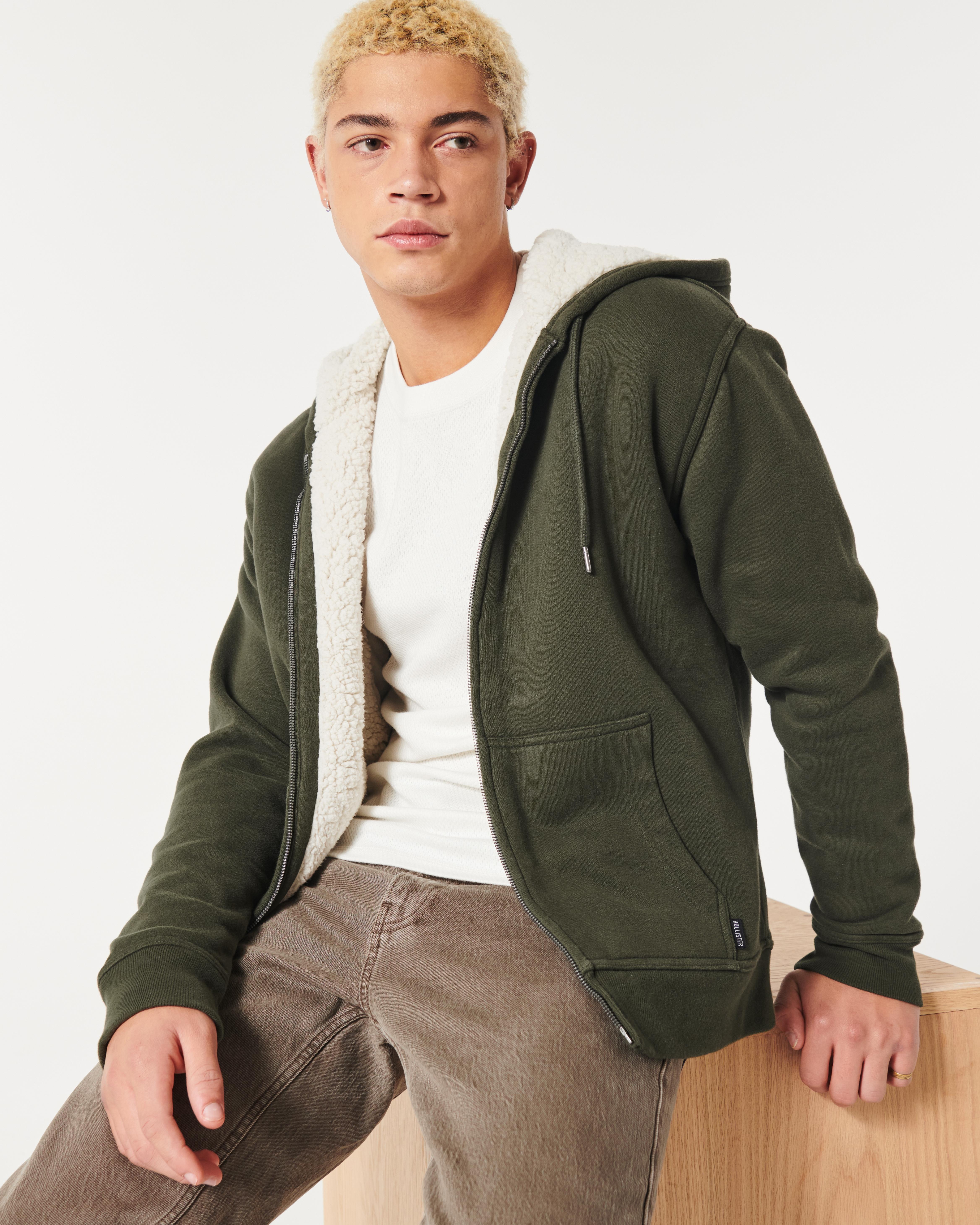 Hollister Relaxed Faux Shearling lined Full zip Hoodie in Green