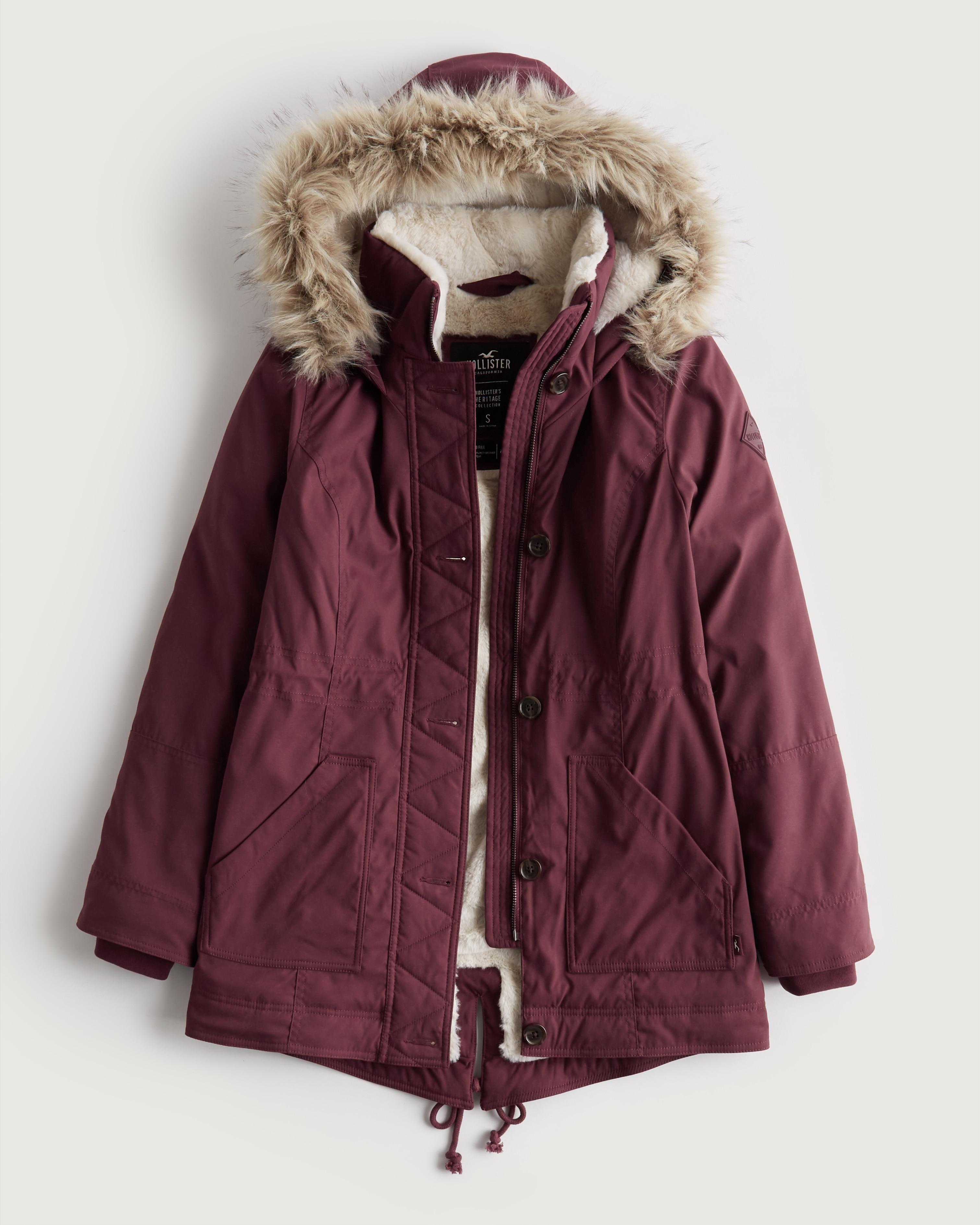 NWT Hollister Womens Medium Stretch Cozy Lined Parka Jacket Sherpa Fur  Burgundy