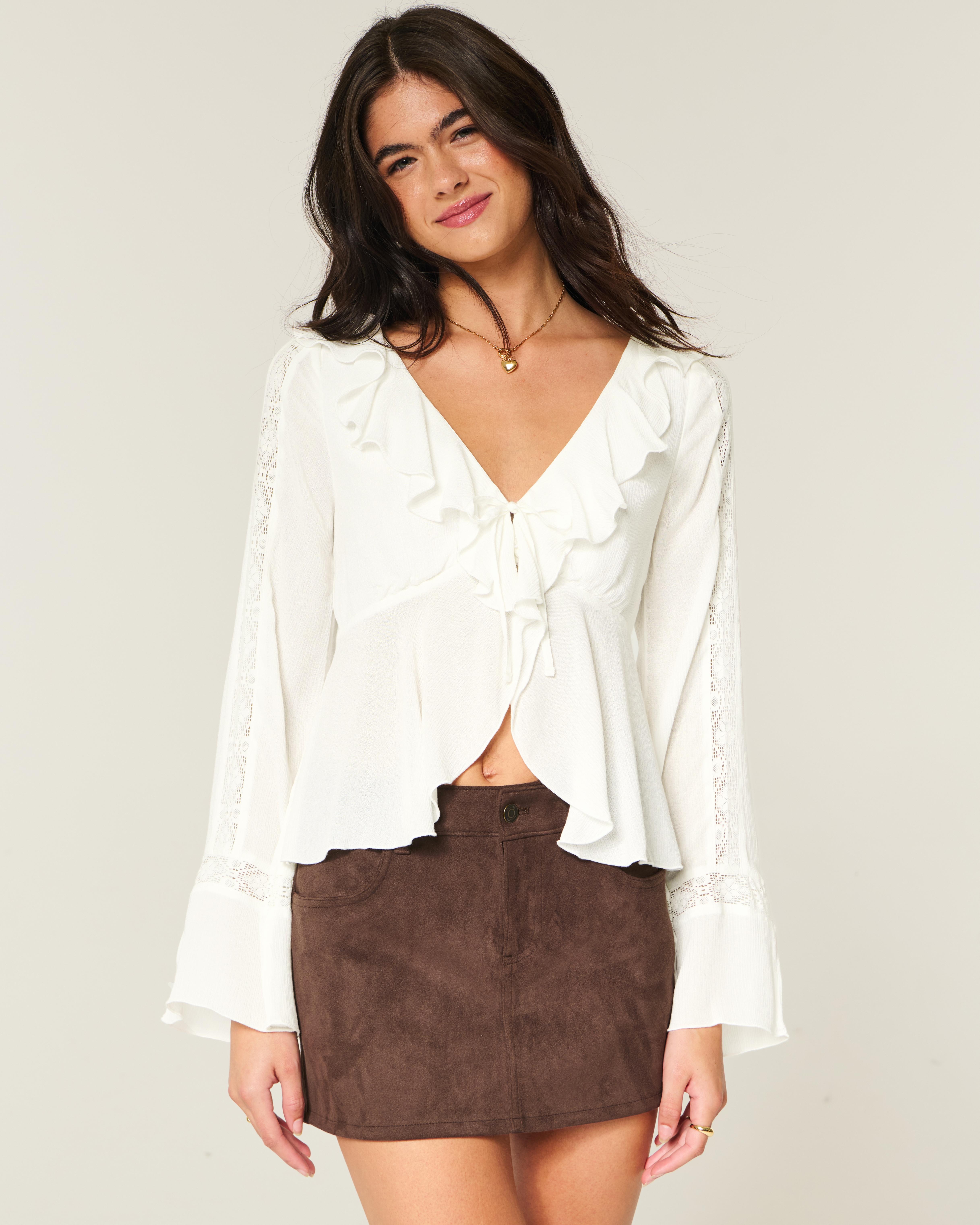 Hollister Easy Long-sleeve Ruffle Babydoll Top in White | Lyst UK