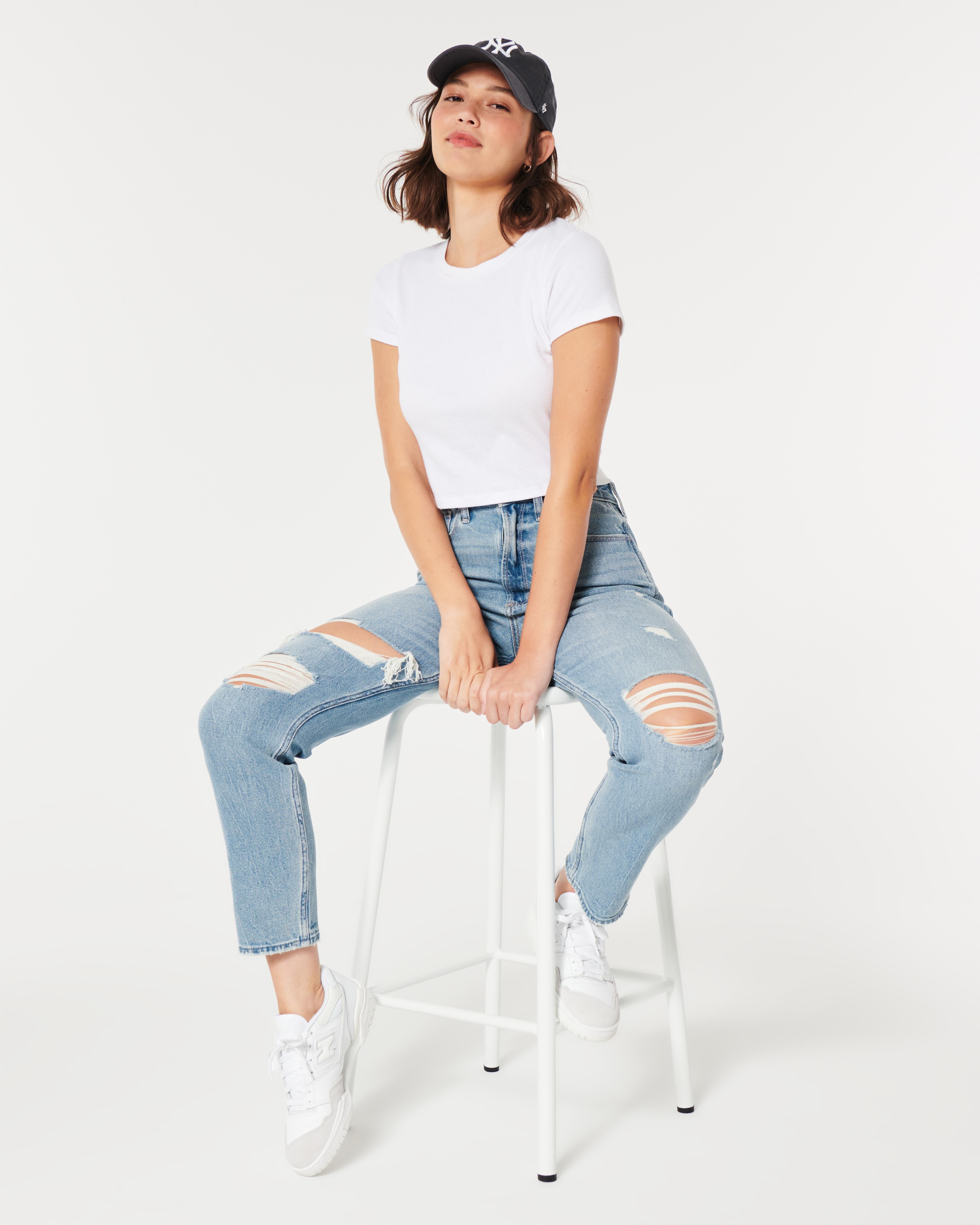 Hollister Curvy Ultra High-rise Ripped Medium Wash Mom Jeans in Blue | Lyst  UK