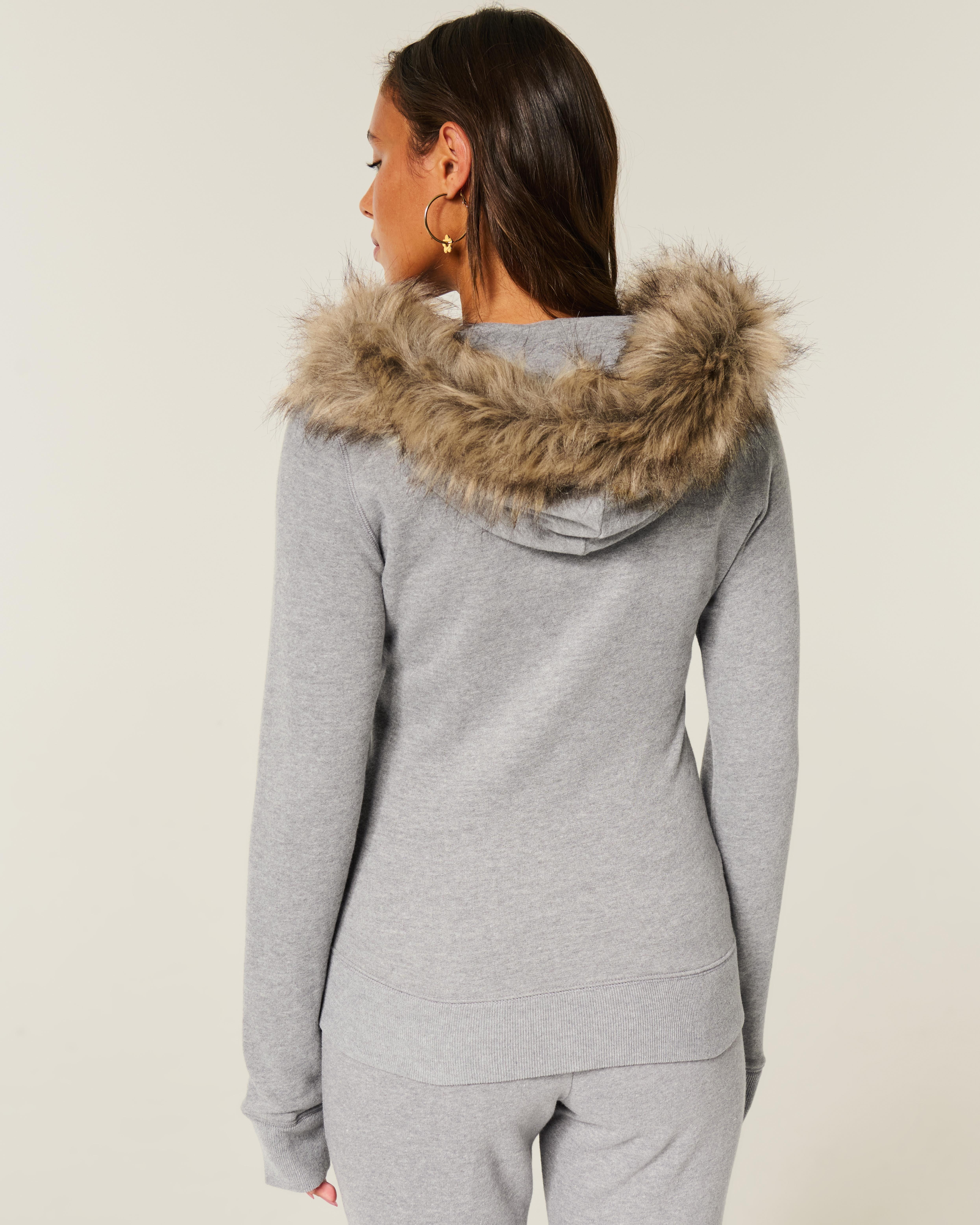 Hollister Faux Fur Trim Logo Graphic Zip-up Hoodie in Grey | Lyst UK