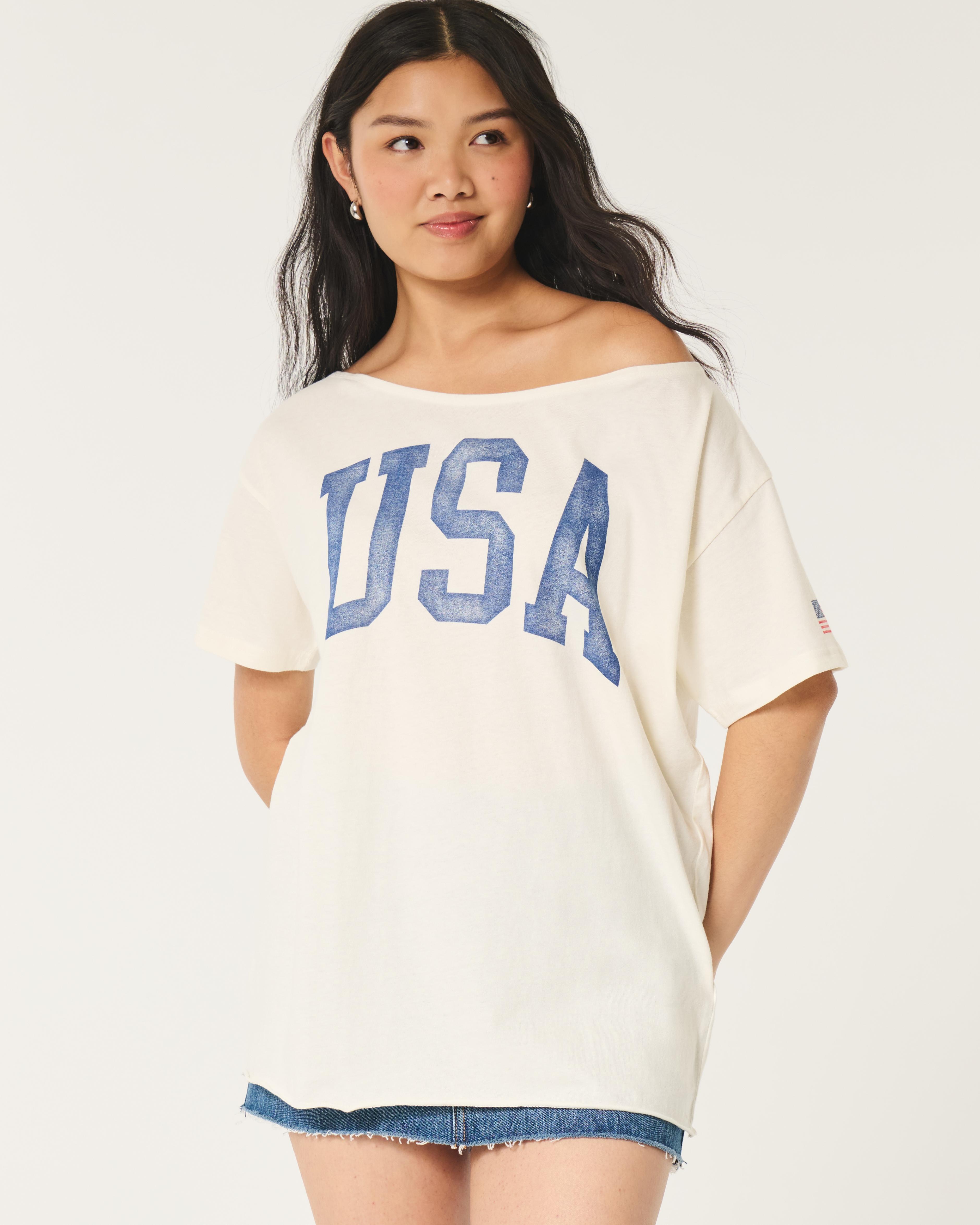 Hollister Oversized Off the shoulder Usa Graphic Tee in White Lyst UK