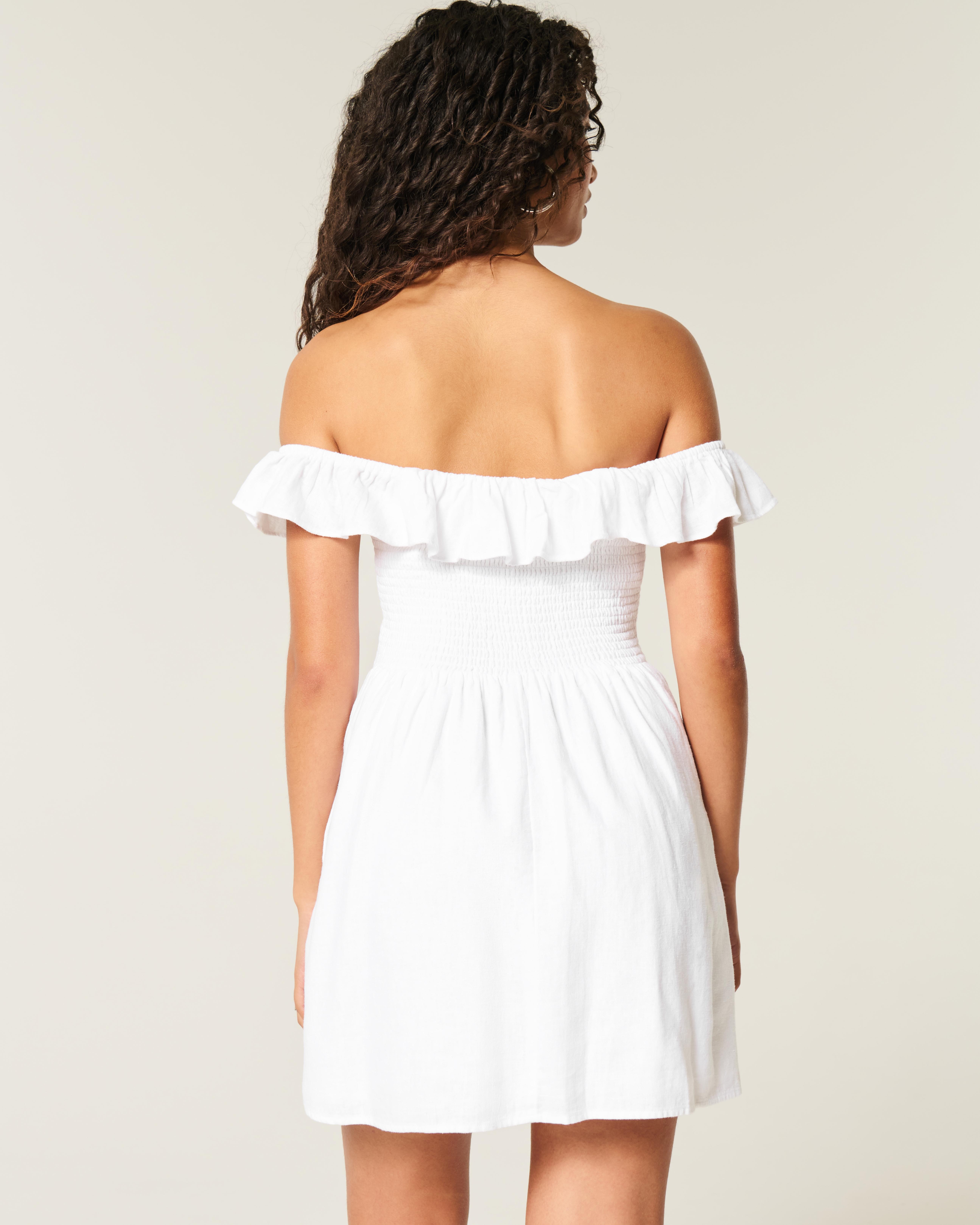 hollister white off the shoulder dress Hollister On/off-the-shoulder Drop-waist Dress in White