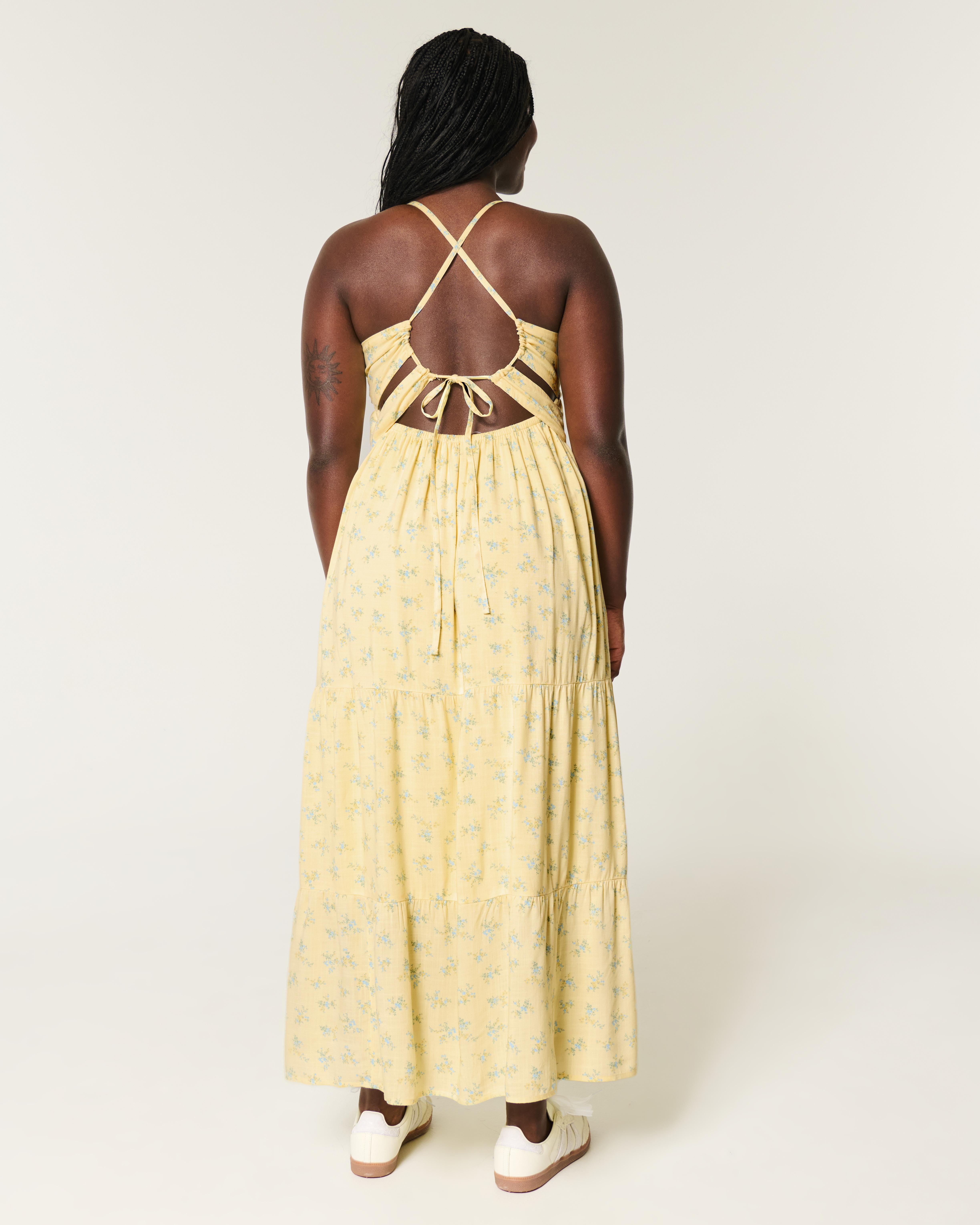 hollister open back maxi dress in butter yellow floral Hollister open back maxi dress with thigh split in yellow ditsy floral  print