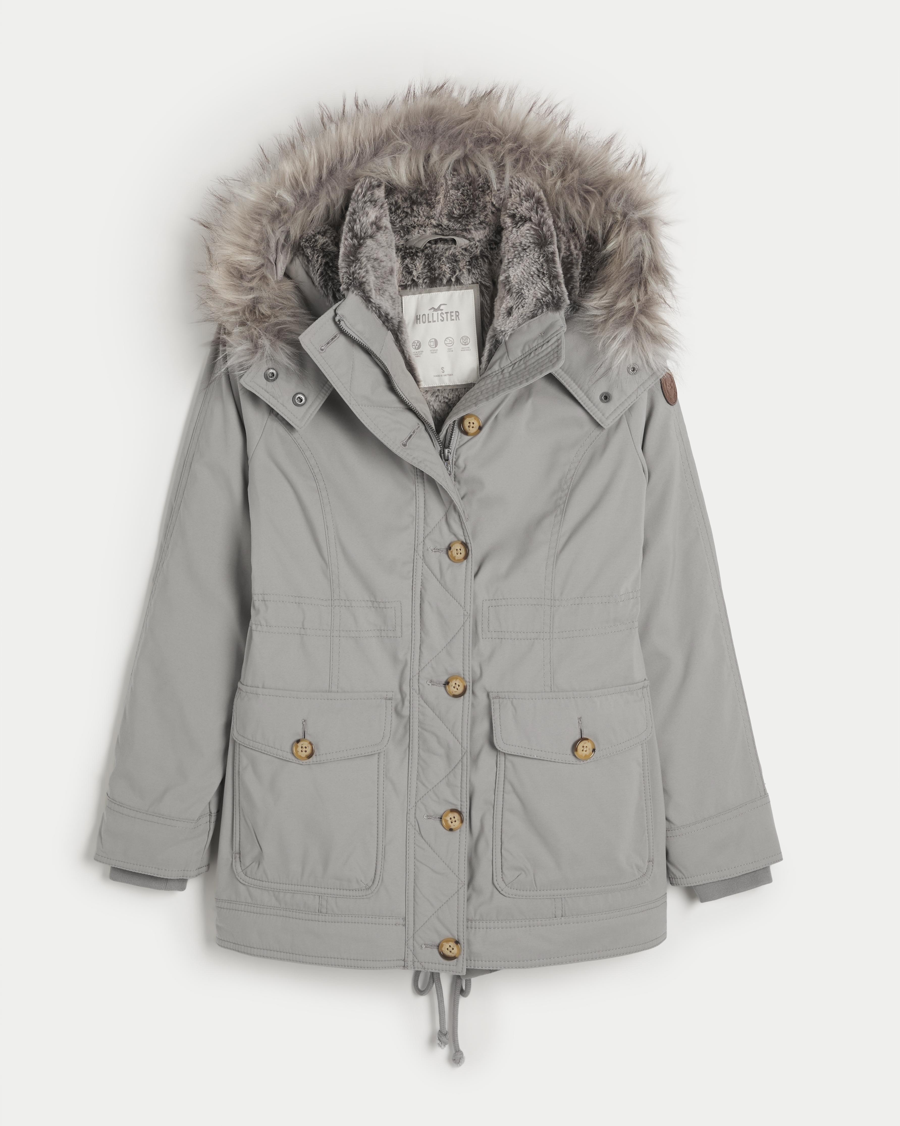 Hollister Faux Fur lined Cozy Parka in Grey Lyst UK
