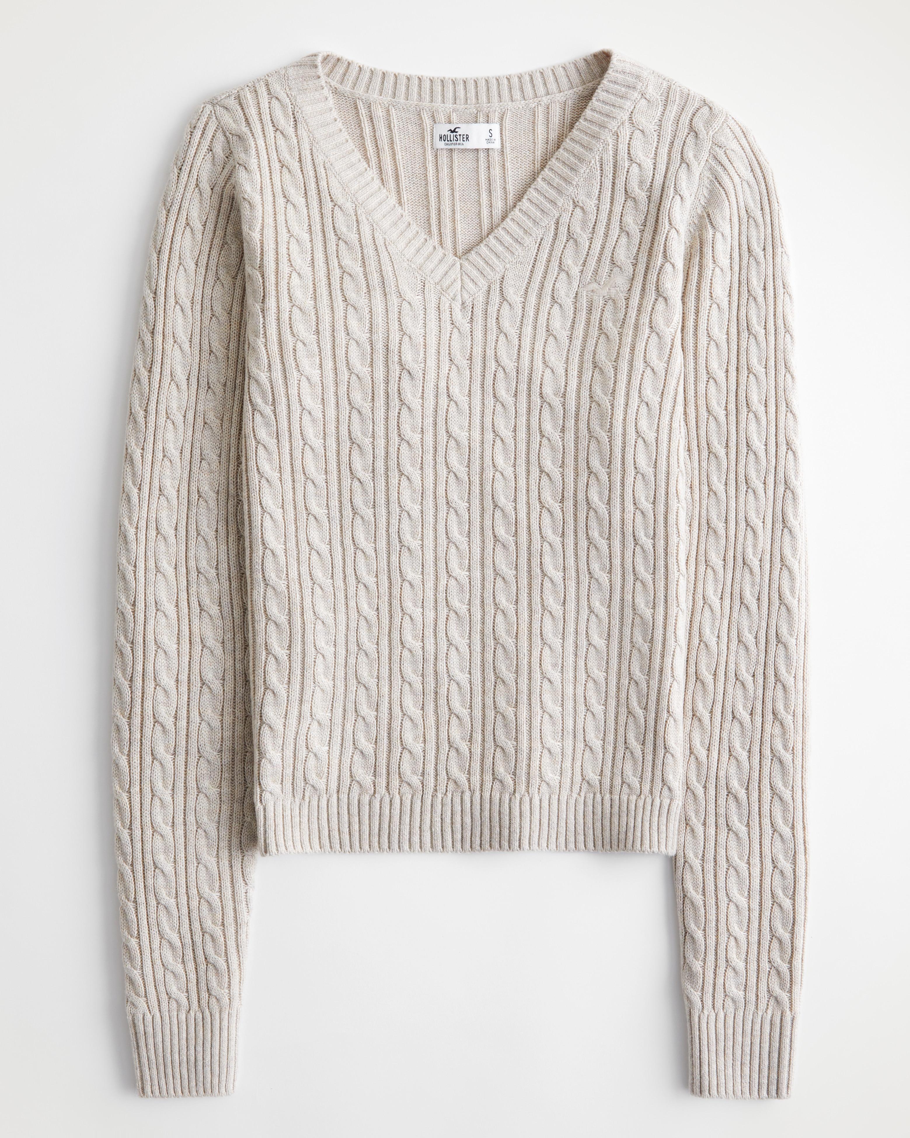 Hollister Cable-knit V-neck Sweater in White | Lyst UK